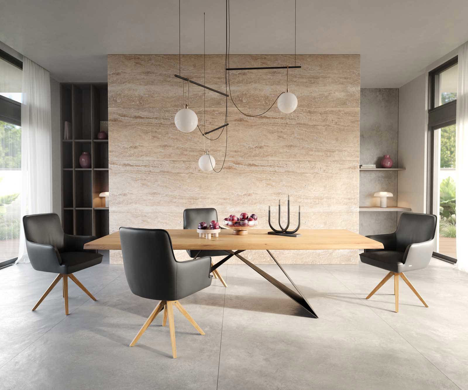 Врътящ се стол с подлакътници Естествена кожа Черен Дървена рамка  Натурал 180° въртящ се Покет пружина Heira-Flex 5