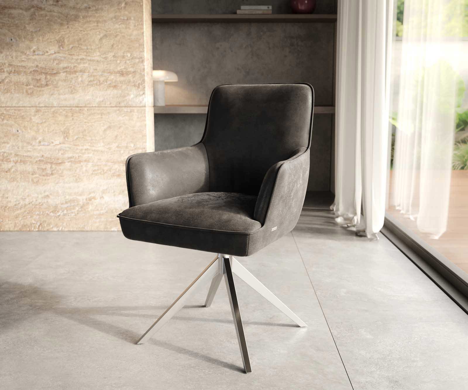 Врътящ се стол с подлакътници Антрацит Винтидж Конус крак плосък Неръждаема стомана 360° въртящ се Покет пружина Heira-Flex Врътящ се стол с подлакътници Антрацит Винтидж Конус крак плосък Неръждаема стомана 360° въртящ се Покет пружина Heira-Flex