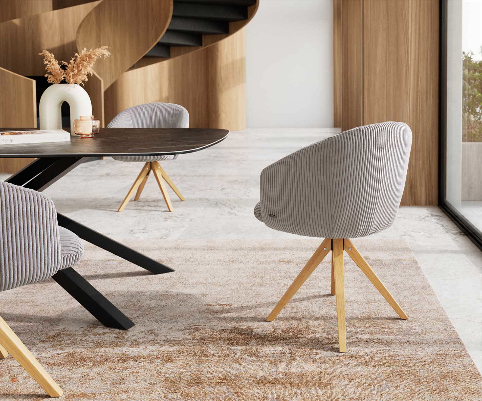 Врътящ се стол с подлакътници Корд СребристСив Дървена рамка  Натурал 180° въртящ се Покет пружина Caja-Flex 4 Врътящ се стол с подлакътници Корд СребристСив Дървена рамка  Натурал 180° въртящ се Покет пружина Caja-Flex 4