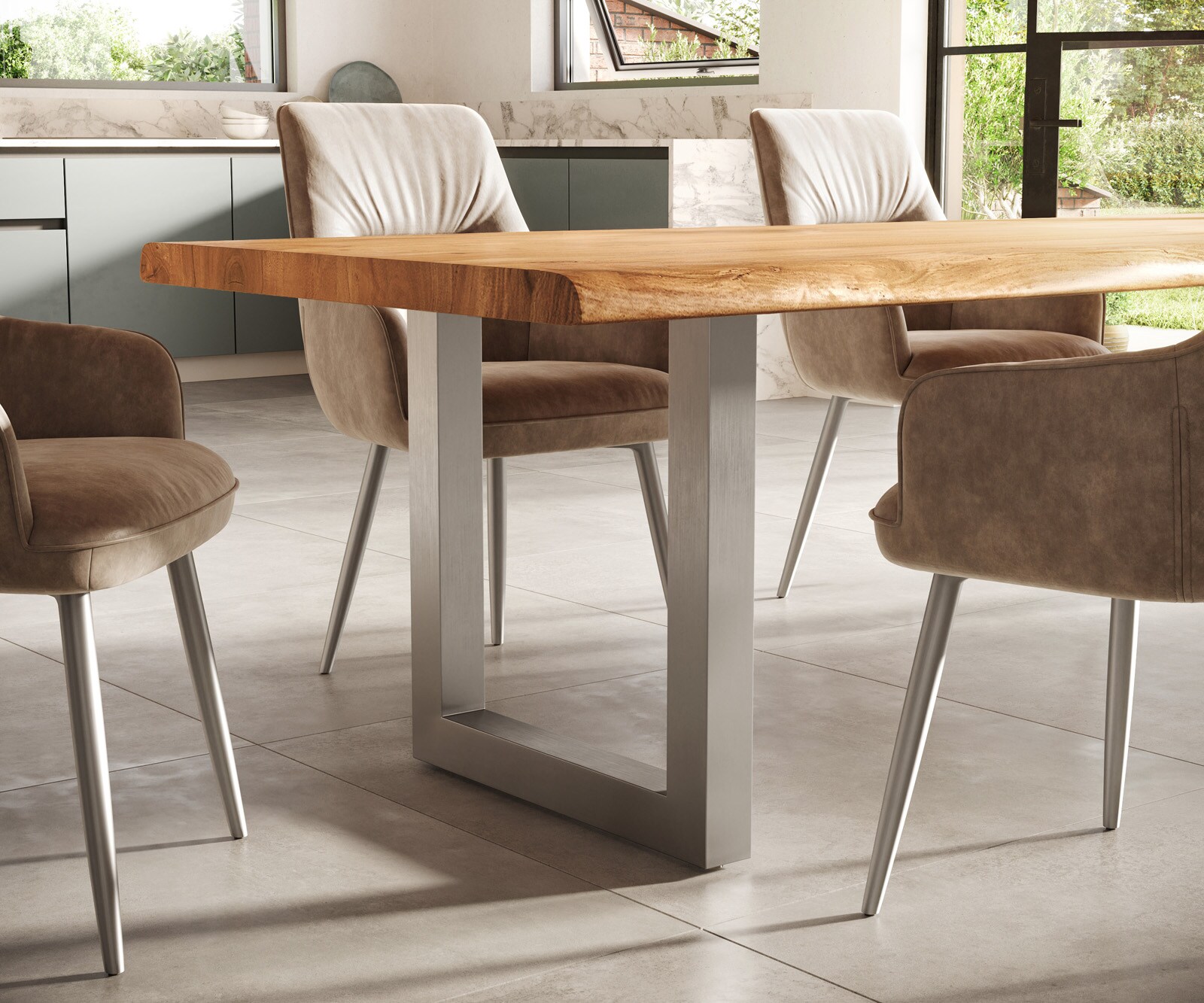 Трапезна маса Edge 300x100 XL от естествена акация, неръждаема стомана, широка, с естествени ръбове 6