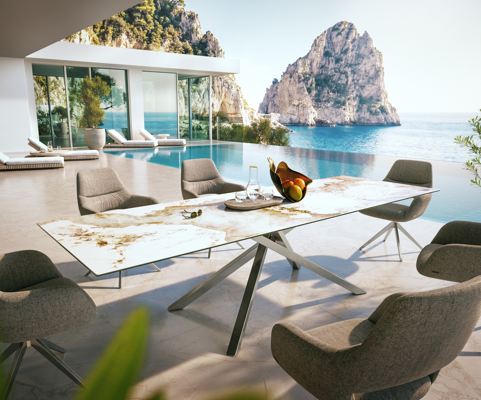 Луксозна външна маса Edge 300x100 см, керамичен правоъгълен плот Minas Melange, Кръстовидна основа, Бяло-бежово/Сребристосив
