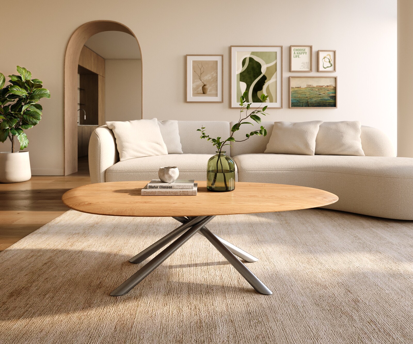 Масичка за кафе Edge Oval 140x75 cm естествен дъб кръгъл ръб Sarity матирана неръждаема стомана 1