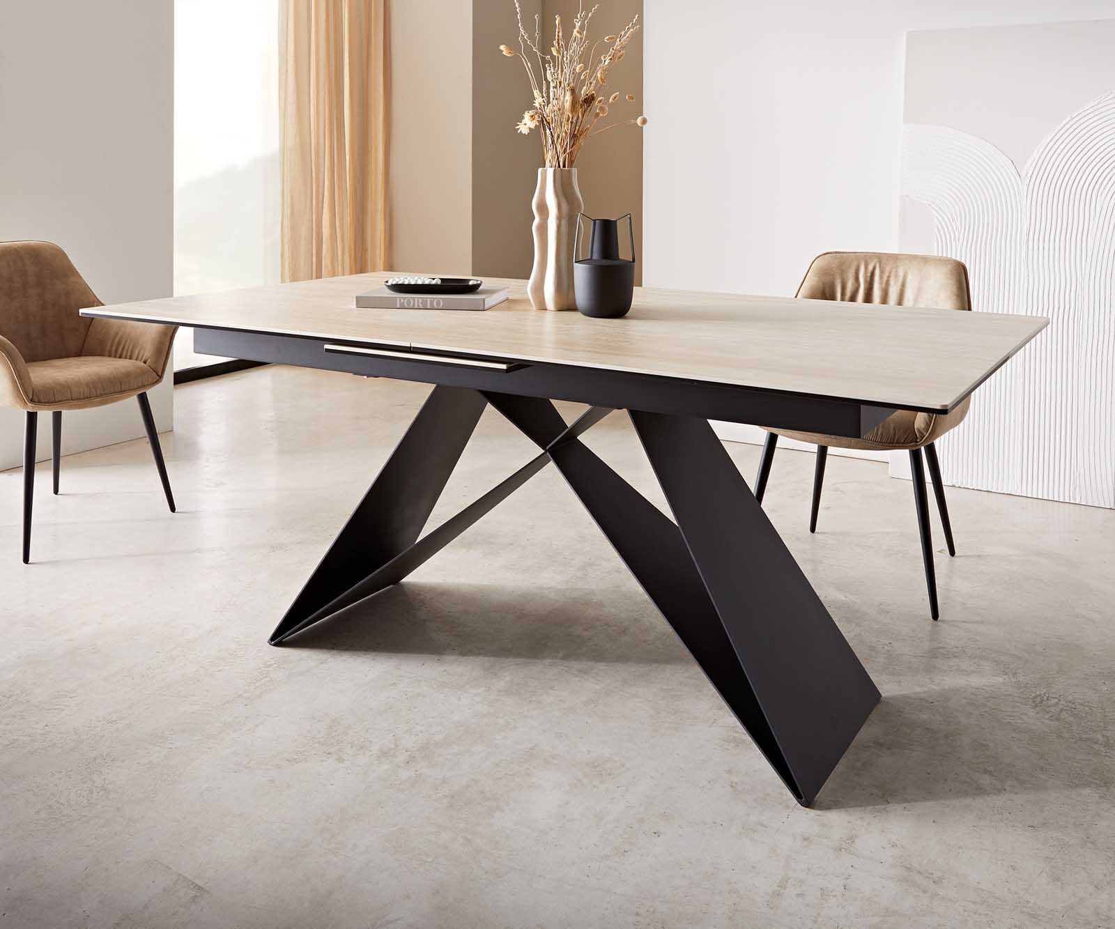 Маса 180-220x100 Keramik Travertin Натурал V-Рамка плоска стомана Черен разтегателна Edge 4