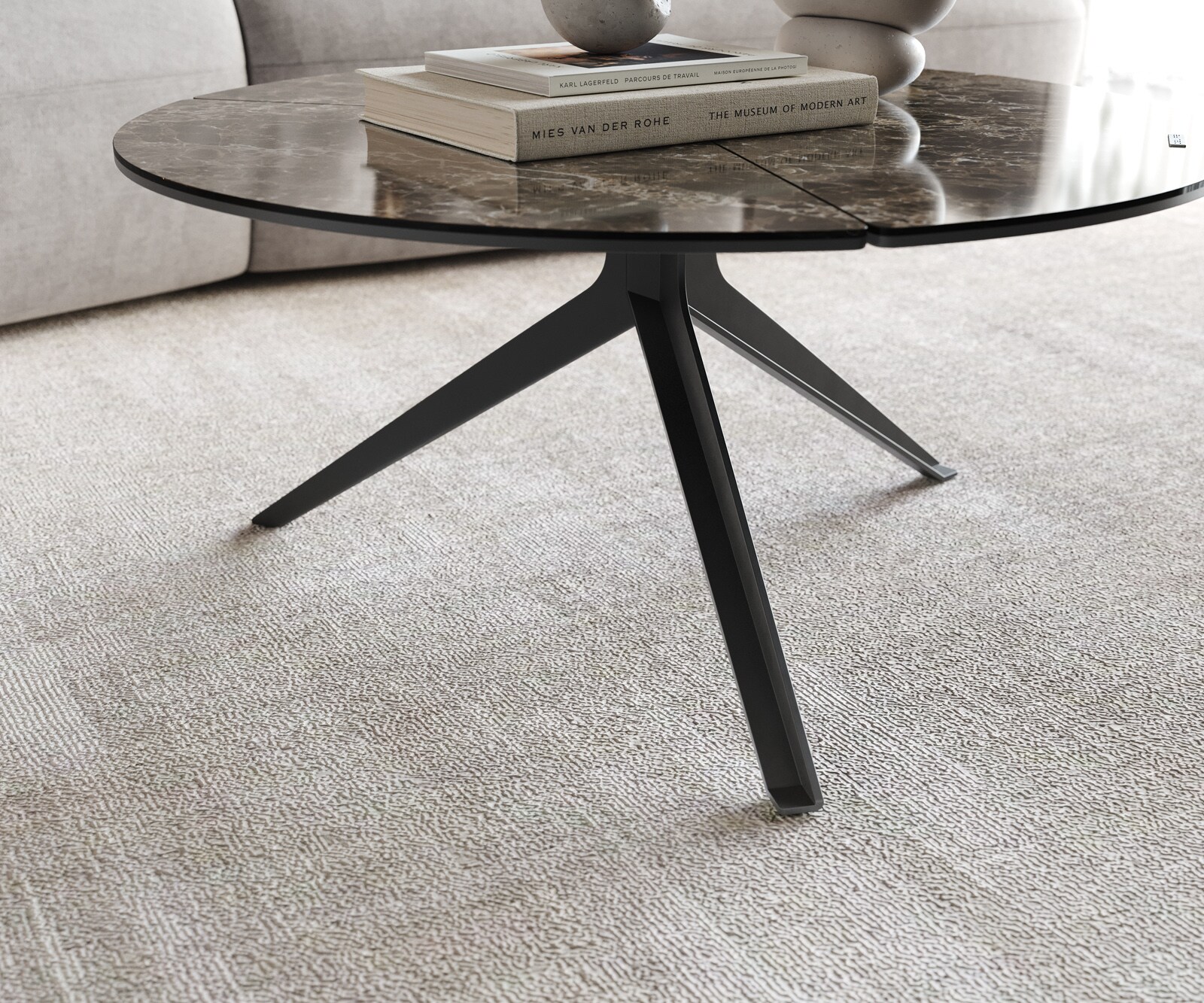 Масичка за кафе Delron 70x70 cm керамика Laminam®Emperador Extra Lucidato Тъмно кафяво Кръстосана основа Плосък метал Черен 4