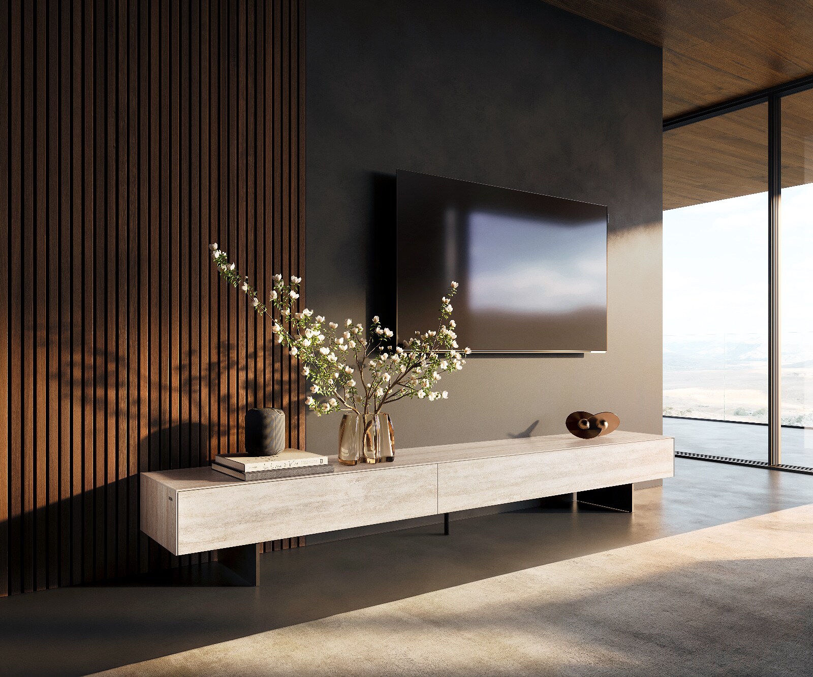 Ниска дъска Cuor 250 cm Керамичен ламинат® Travertino Bianco Крем-бяло 1 клапа 1 чекмедже Основа Плаващ вид Метал Черен