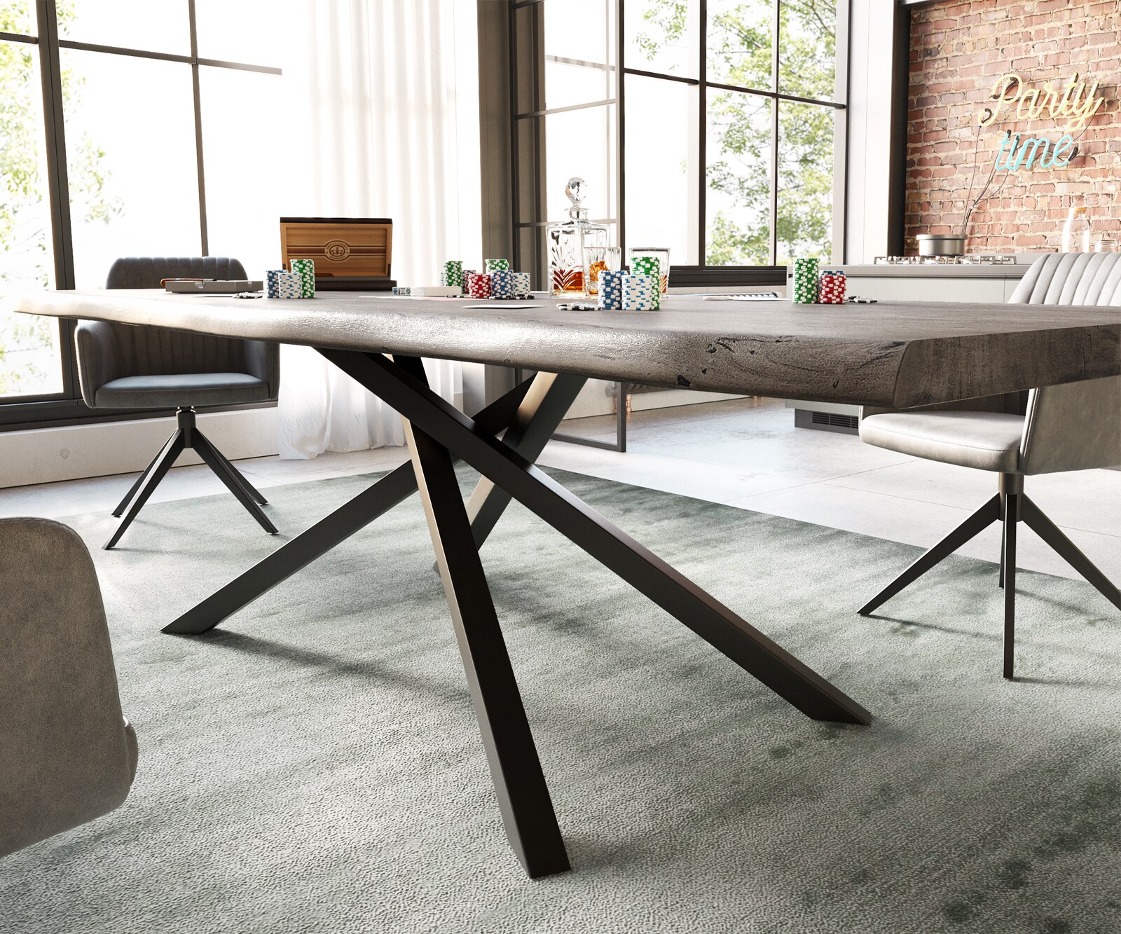 Трапезна маса Edge 260x100 XL от акация, платинен цвят, кръстообразна конструкция, правоъгълна, черна, с естествени ръбове 4