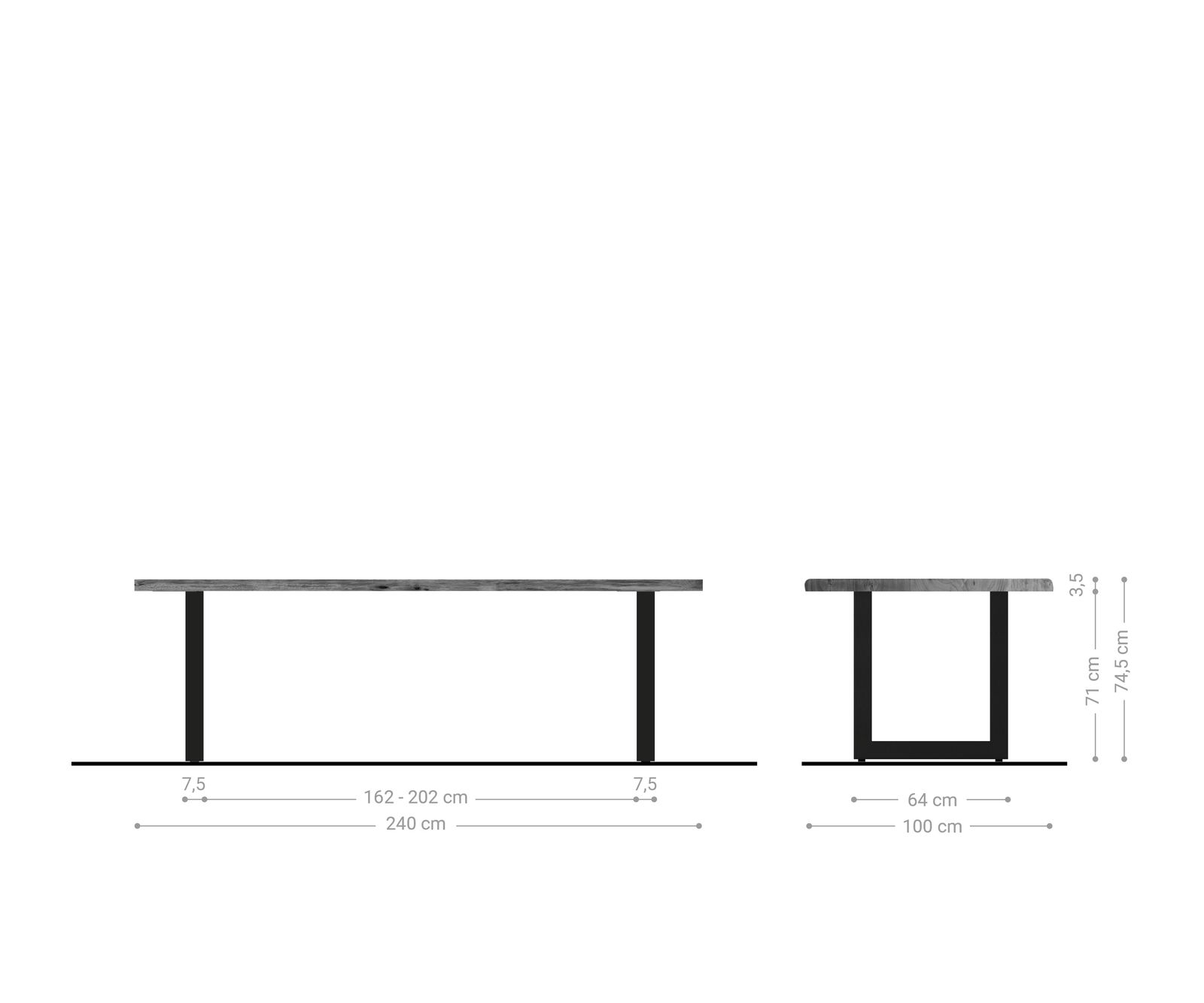 Трапезна маса Edge 240x100 см, естествена акация, неръждаема стомана, широка, с естествени ръбове 6