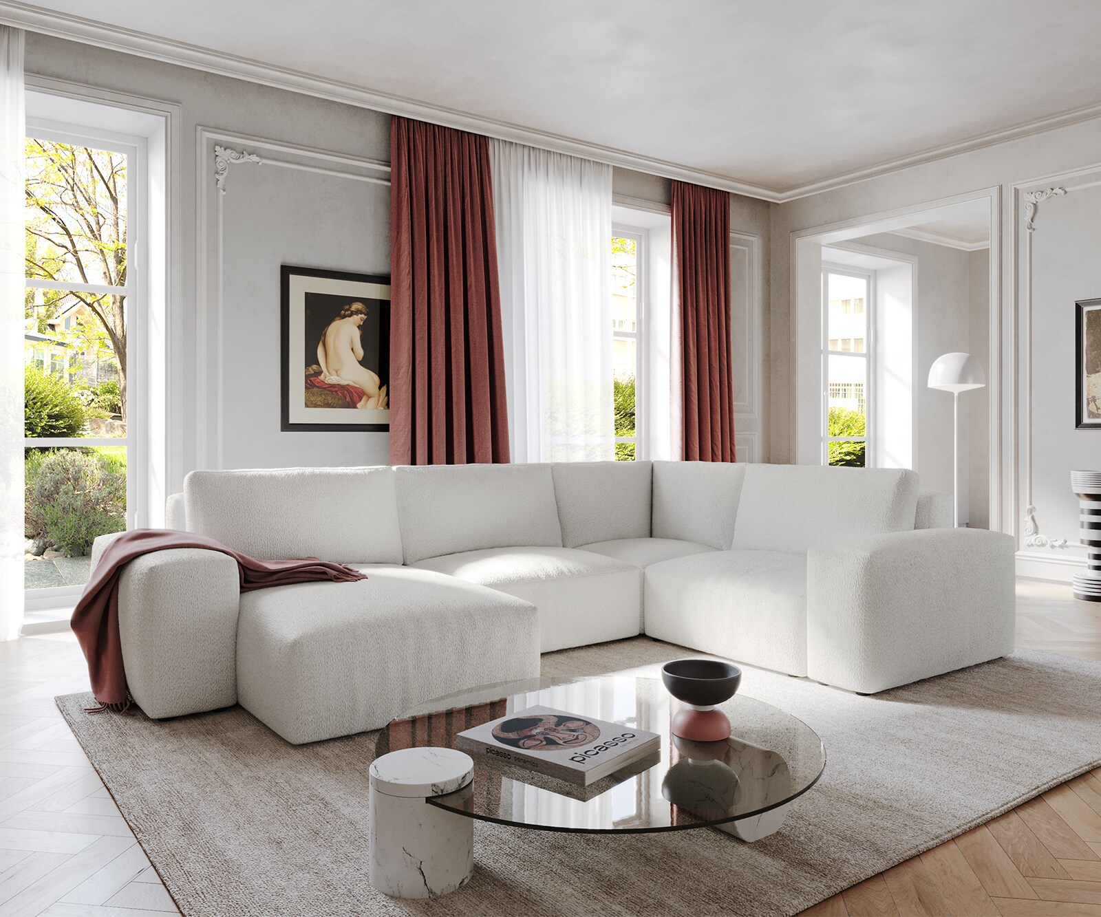  Холна гарнитура L 330x230 см Букле Крем-Бял Лежанка вариации Lanzo