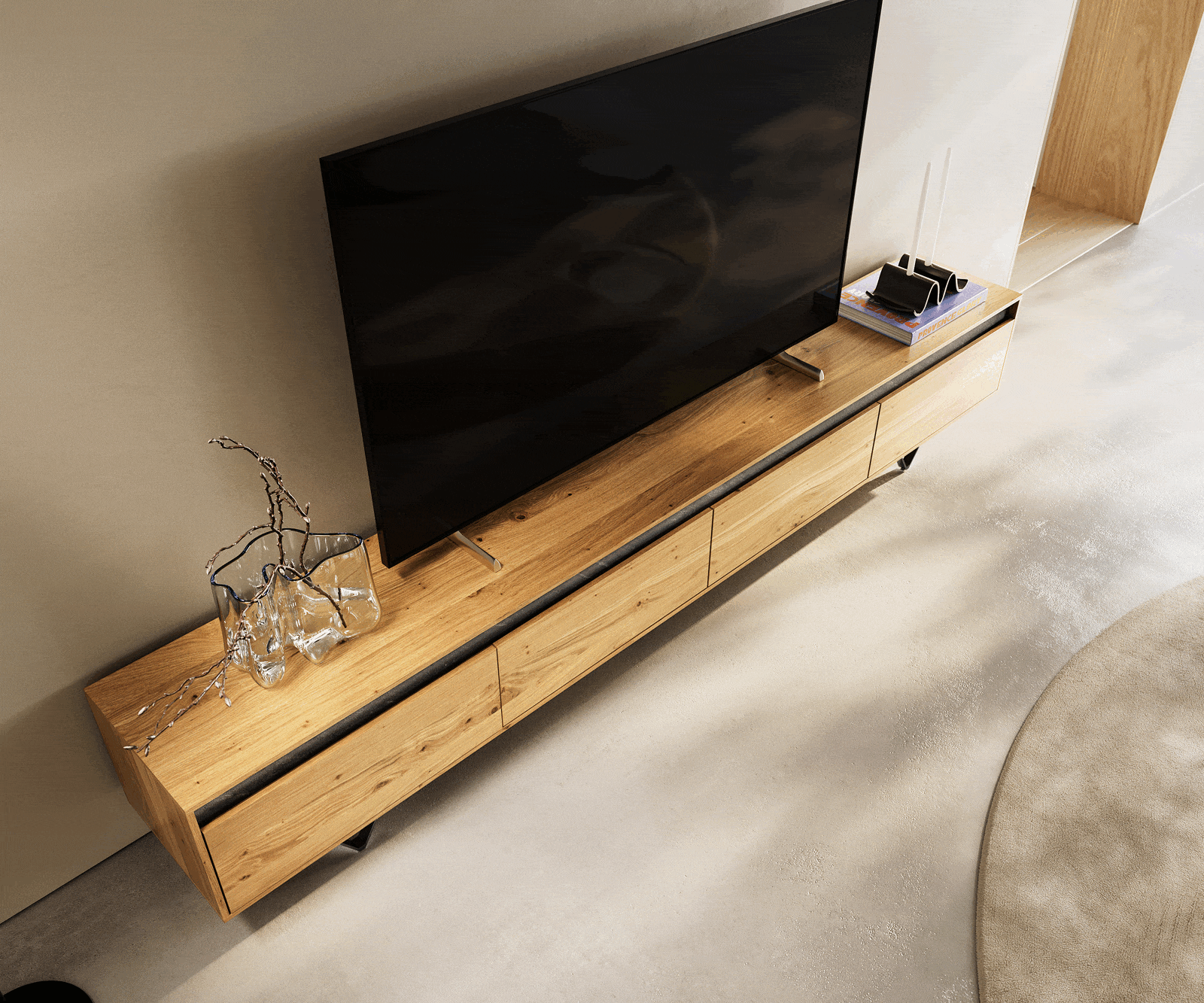 ТВ шкаф Stonegrace 240 cm естествен дъб 4 врати V-образен метален крак черен 4
