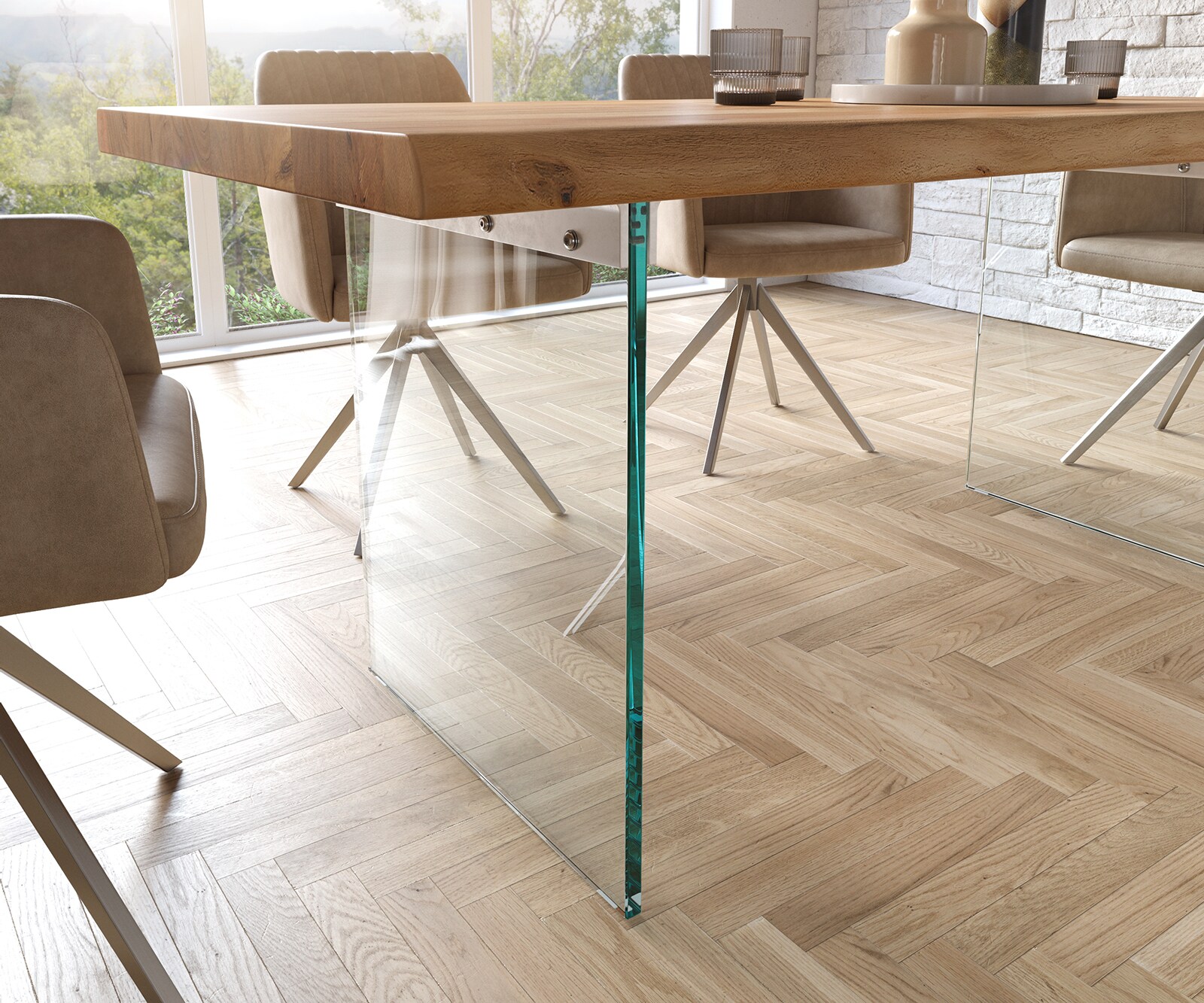 Трапезна маса Edge 180x90 XL от естествена акация със стъкло и естествени ръбове 5