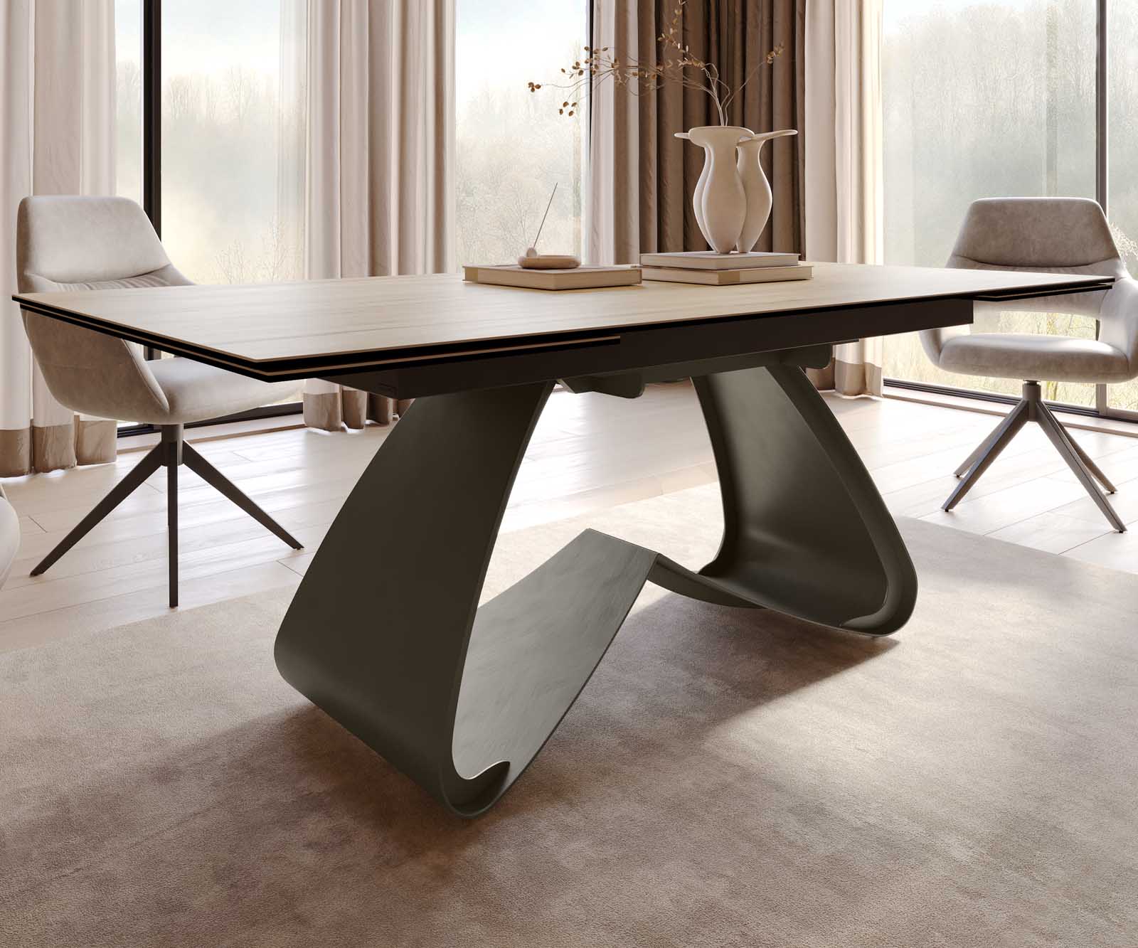 Разтегателна трапезна маса Edge 200-300x100 см Керамика Laminam® Sabbia Цвят дъб W-образна основа Титаниев цвят 7
