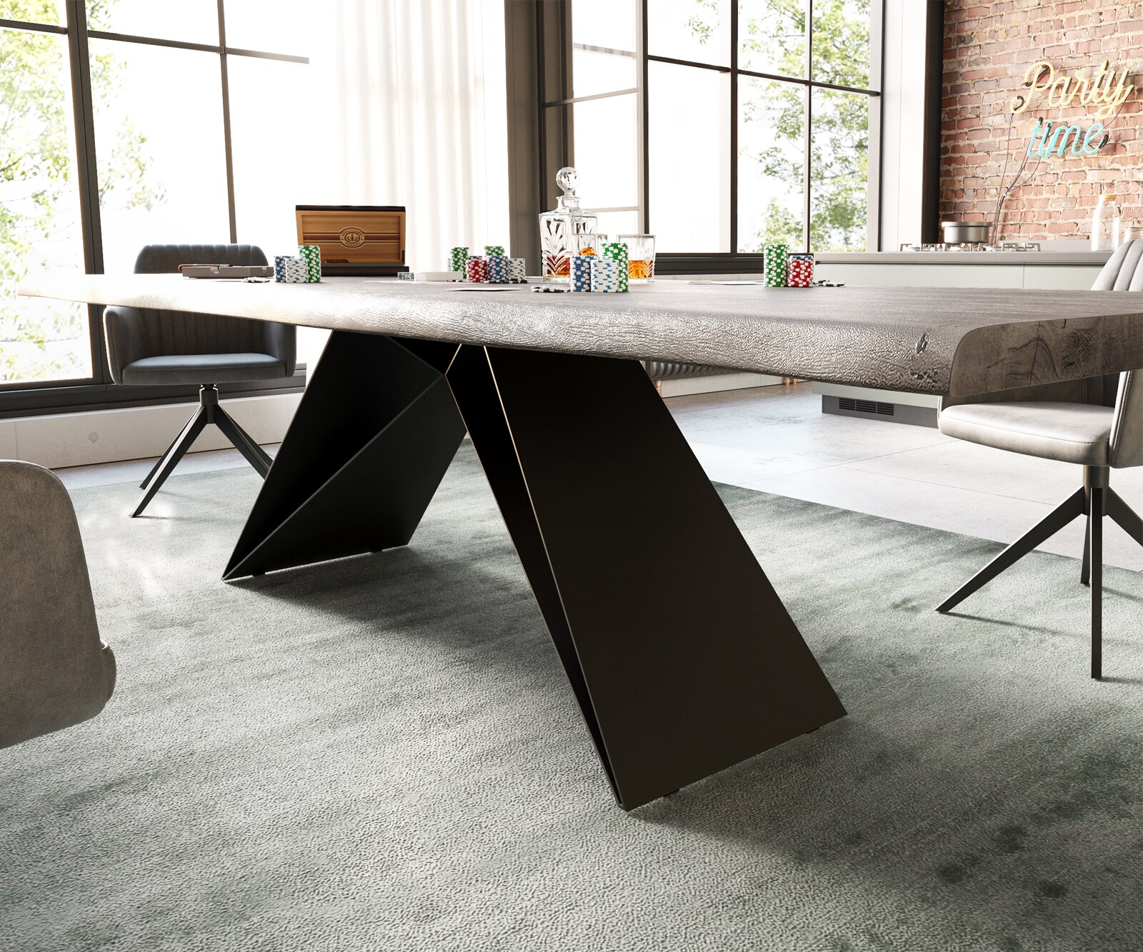 Маса 300x100 XL Акация Платинен цвят V-Рамка плоска стомана Черен Edge 3