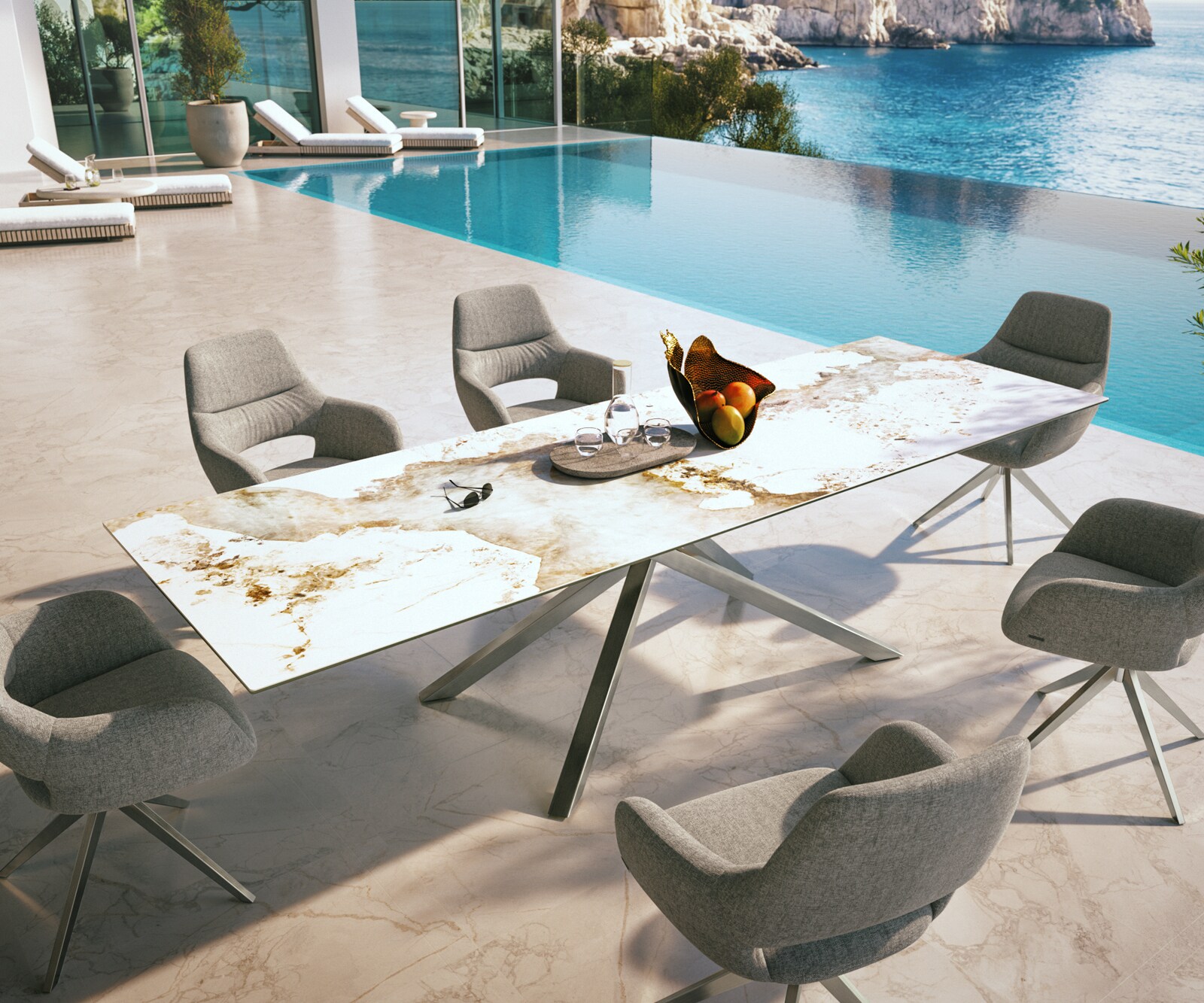 Луксозна външна маса Edge 300x100 см, керамичен правоъгълен плот Minas Melange, Кръстовидна основа, Бяло-бежово/Сребристосив 3