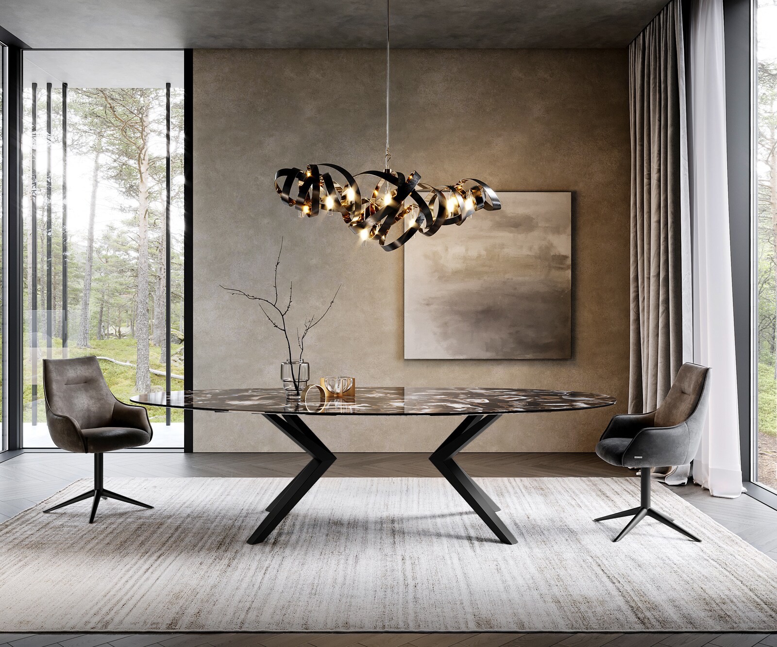 Трапезна маса Edge Oval 280x130, керамика Iris FMG Agatablack, Zenthara с остри ръбове, метал, черна
