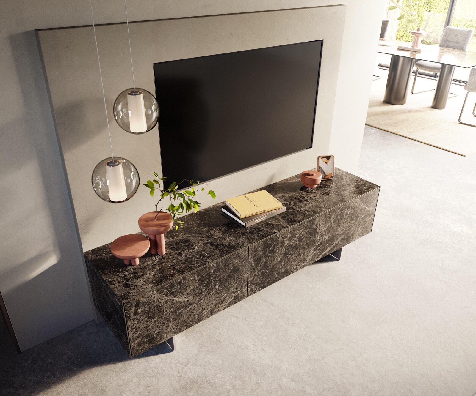 ТВ шкаф Cuor 180 см КерамикаLaminam® Emperador Extra Lucidato Тъмно кафяво 1 клапа 2 чекмеджета Основа неръждаема стомана 4