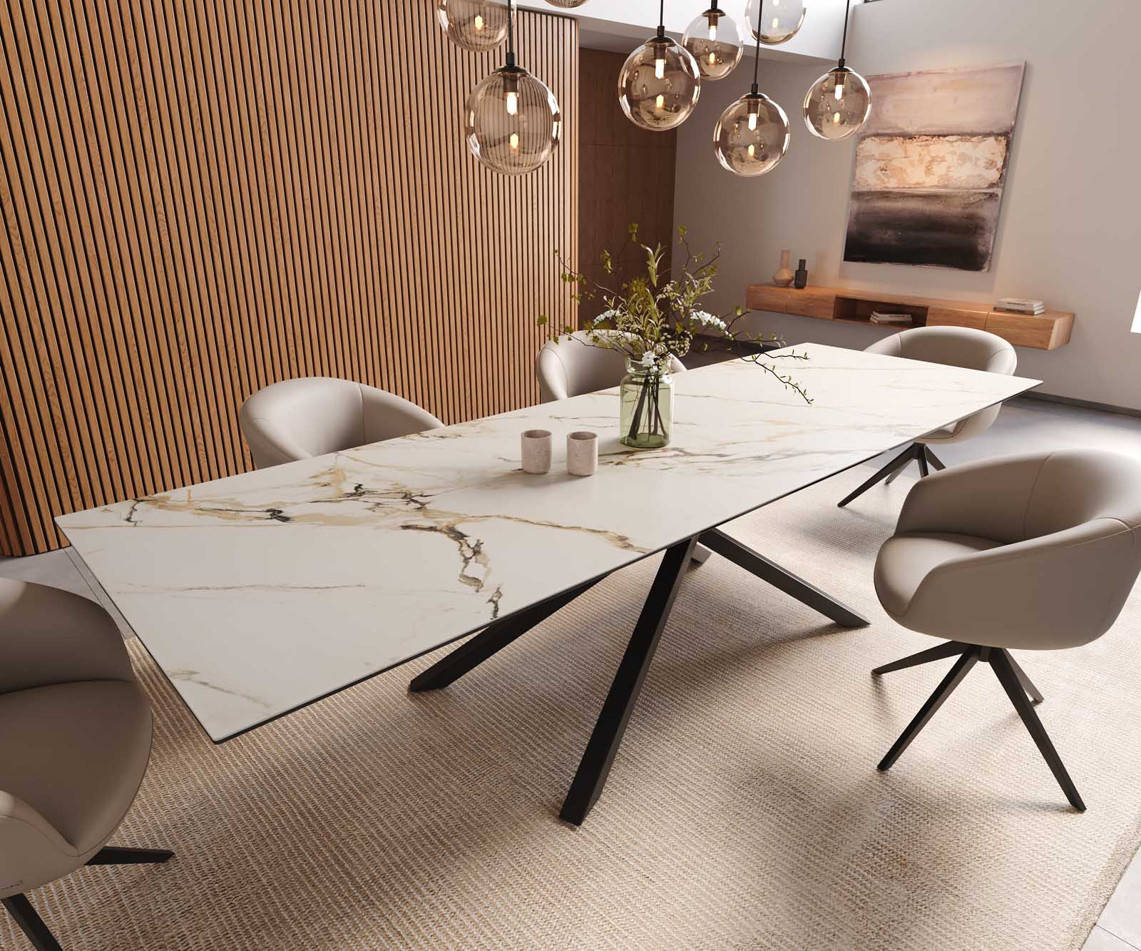 Трапезна маса Edge 300x100, керамика Calacatta Luxe, бяло-златно-сиво, кръстообразна рамка, правоъгълна, черна 1