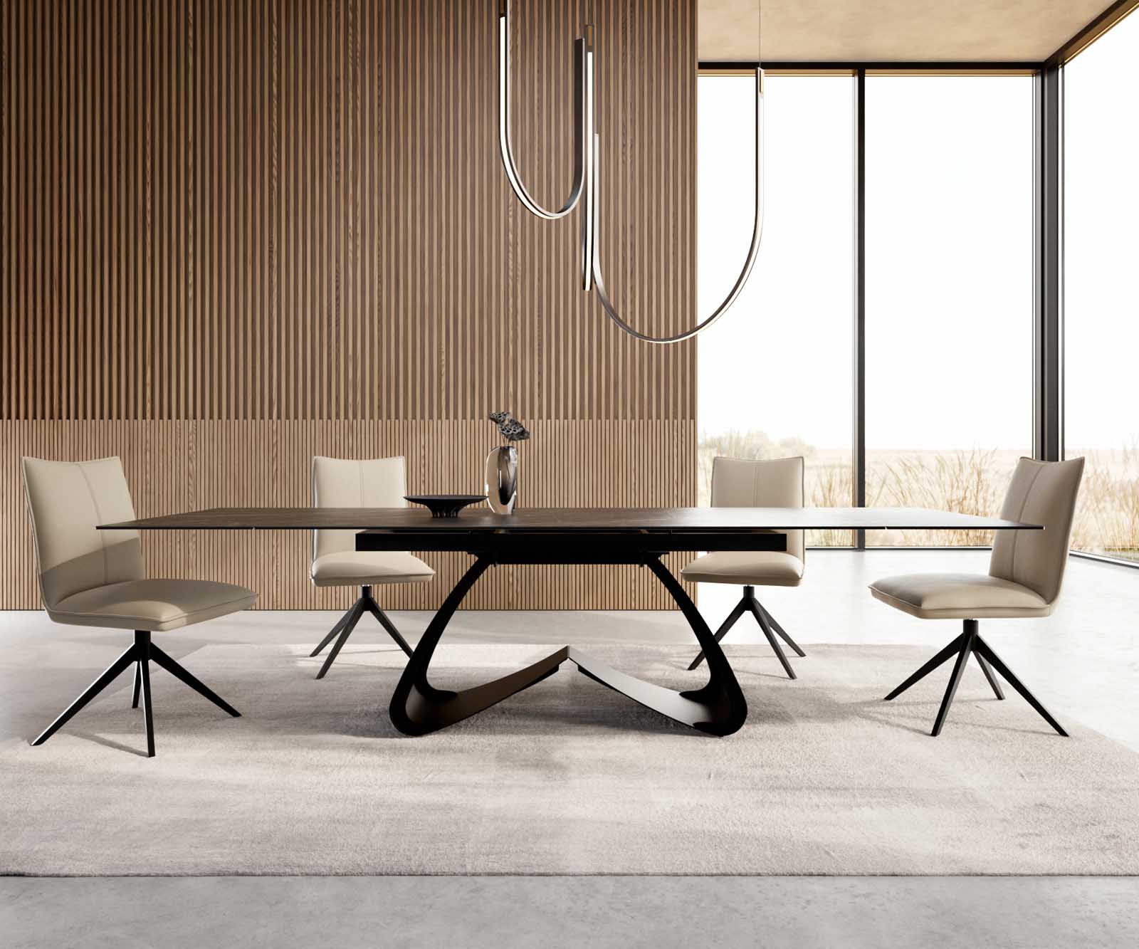 Разтегателна трапезна маса Edge 200-300х100 см Керамика Laminam®Noir Desir Тъмнокафяв W-образна основа Черен  2