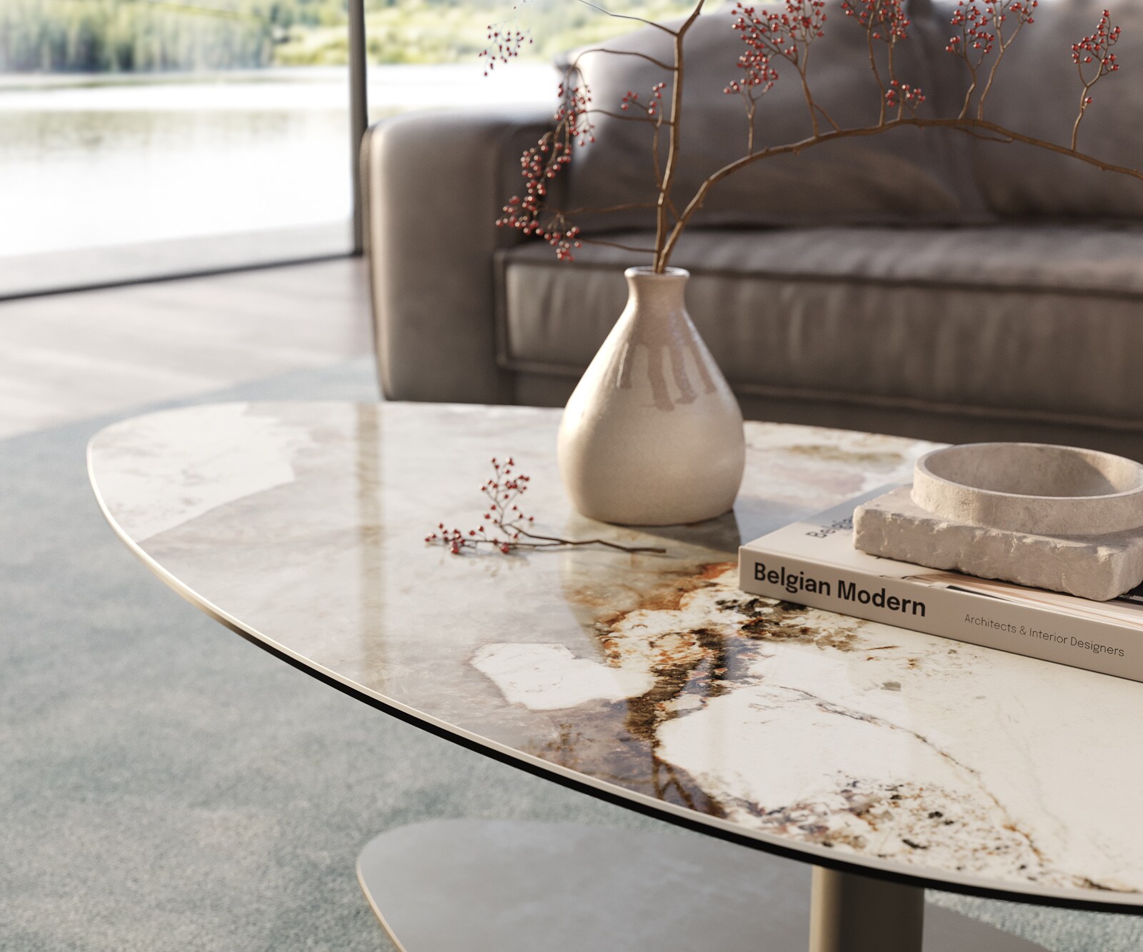 Масичка за кафе Edge Organic 140x76 cm керамика Minas Melange Vibany метален ефект покритие титан 6