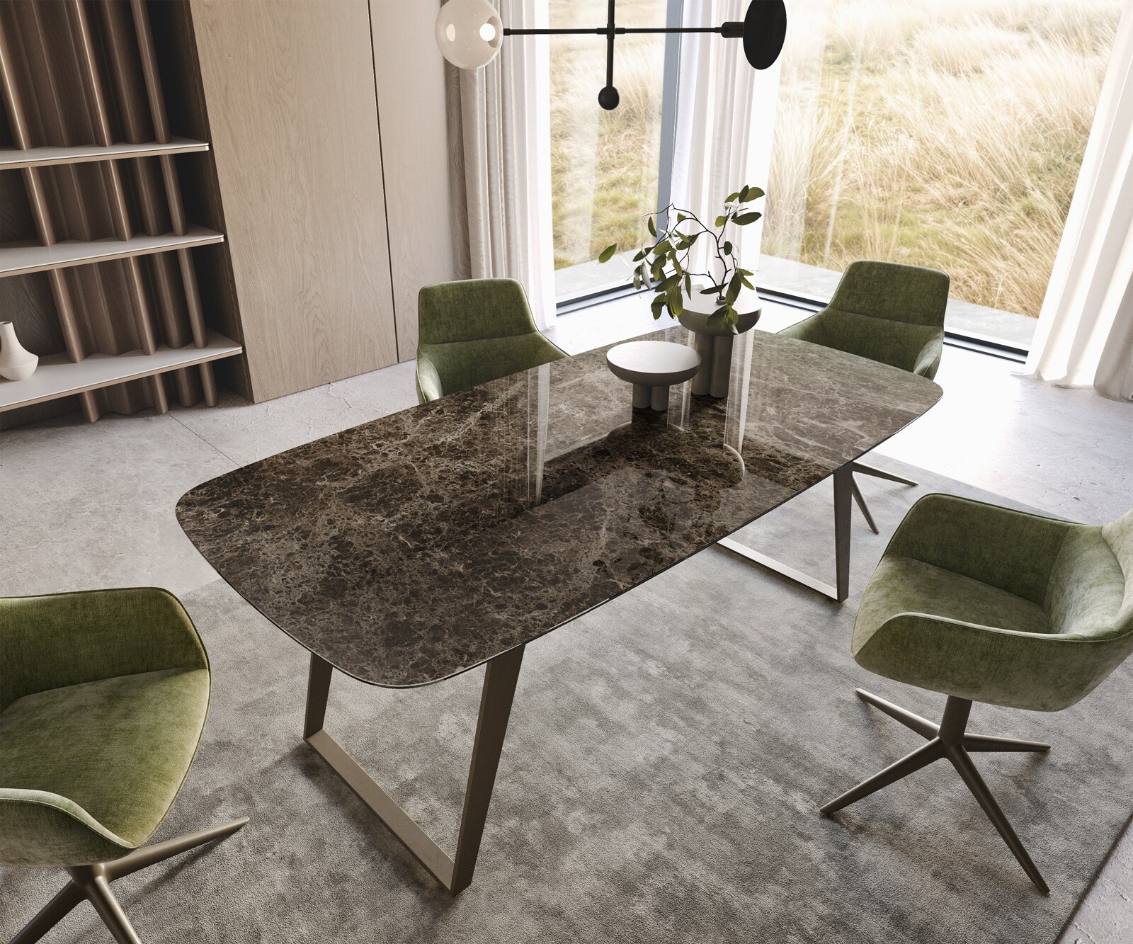 Трапезна маса Edge Boot 200x100, керамика Laminam „®“, Emperador Extra Lucidato, тъмнокафяво, метален ефект, титанов наклон 2