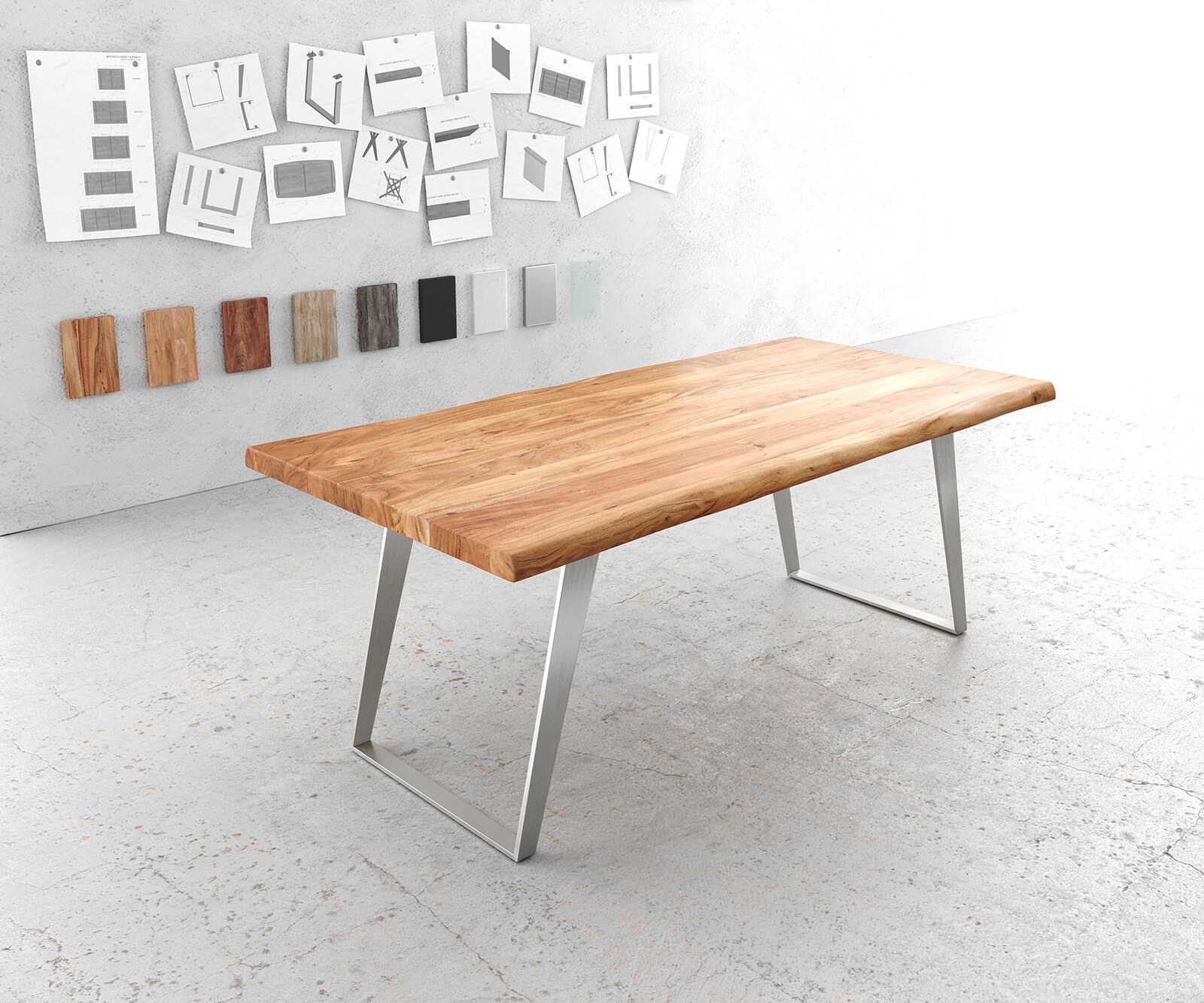 Маса 200x100cm XL Акация Натурал Неръждаема стомана Сребрист под ъгъл Edge 1