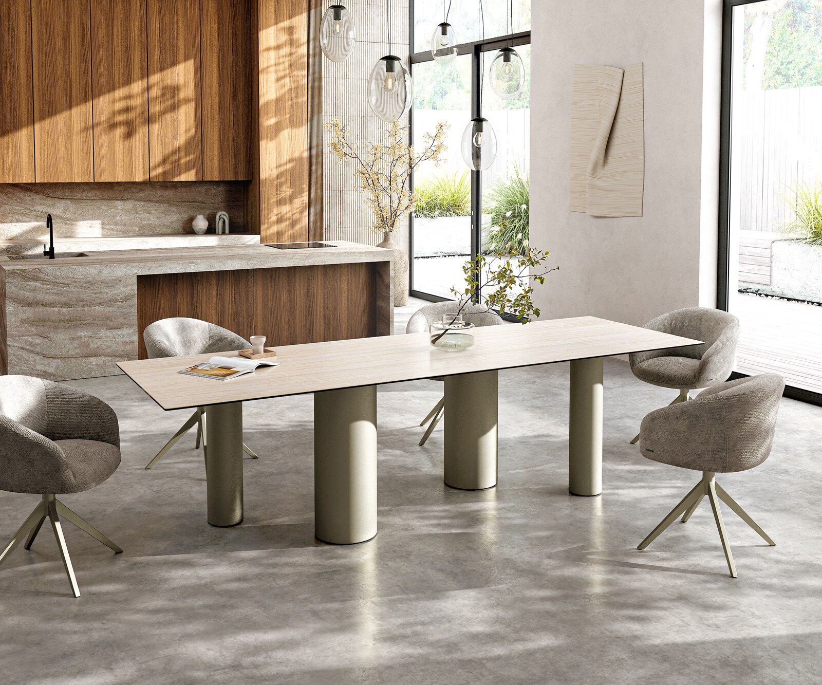 Трапезна маса Edge 300x100, керамика Laminam „®“, Travertino Bianco (кремаво-бял), метални колони с титанов ефект 7