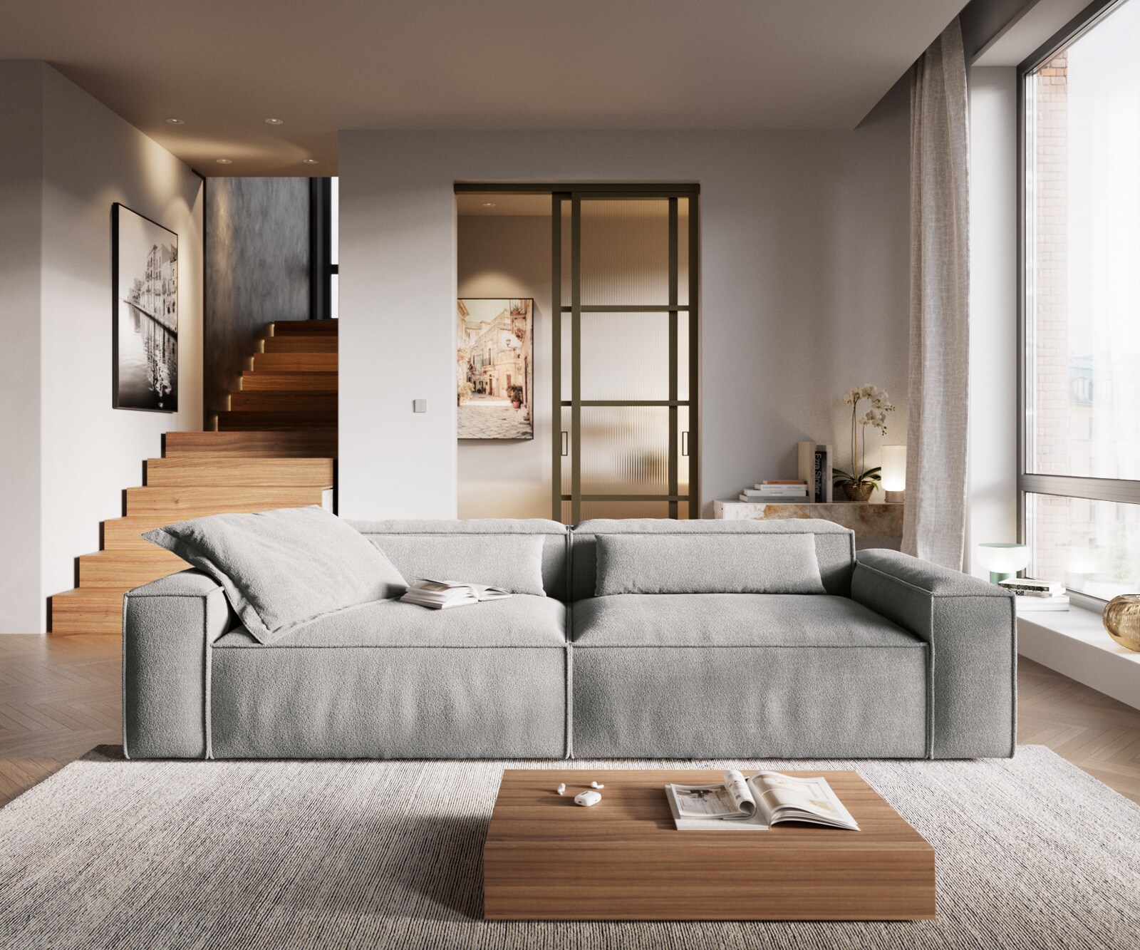 Голям диван Freestyle 280x110 cm текстурирана тъкан, меко сиво 2