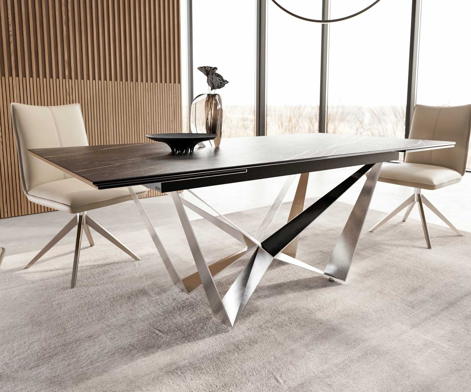 Разтегателна трапезна маса Edge 200-300х100 см Керамика Laminam®Noir Desir Кафяв Основа стомана тип Spider Сребристосив цвят 6