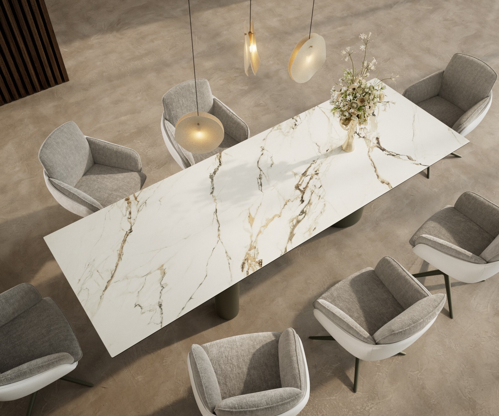Трапезна маса Edge 300x100, керамика Calacatta Luxe, бяло-златно-сиво, Troa, метал с ефект на титан 3