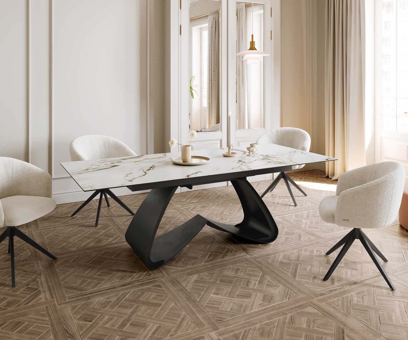 Разтегателна трапезна маса Edge 180-220х100 см Керамика Calacatta Luxe Бял-Злато-Сив W-образна основа Черен 8