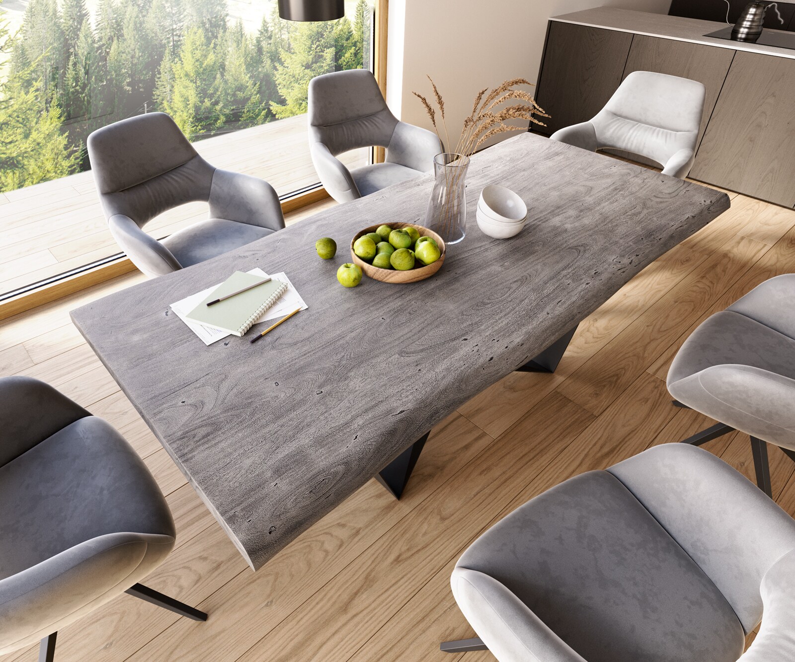 Трапезна маса Edge 220x100 XL от акация, „Платина“, „Спайдър“, плоска стомана, черна, с естествени ръбове 3