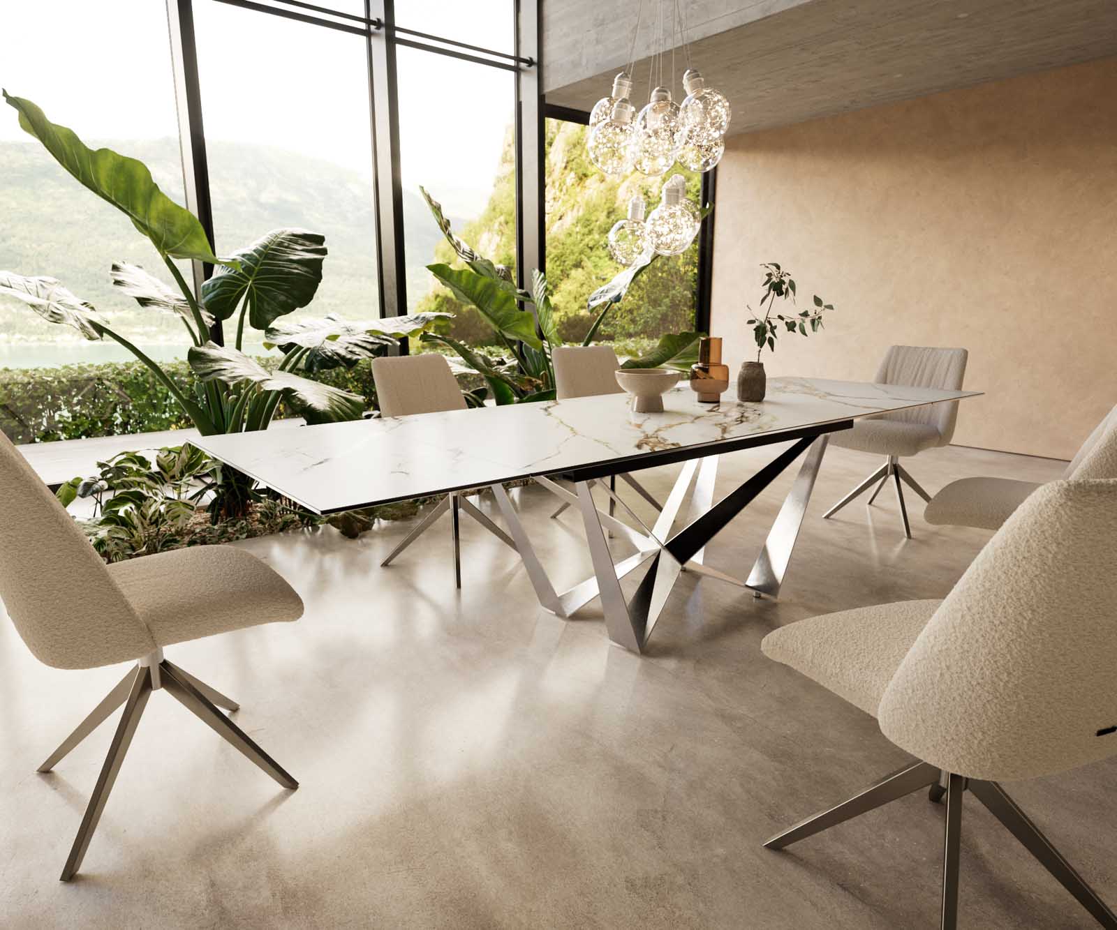 Разтегателна трапезна маса Edge 200-300x100 см Керамика Calacatta Luxe Бял-Злато-Сив Основа стомана тип Spider Сребристосив