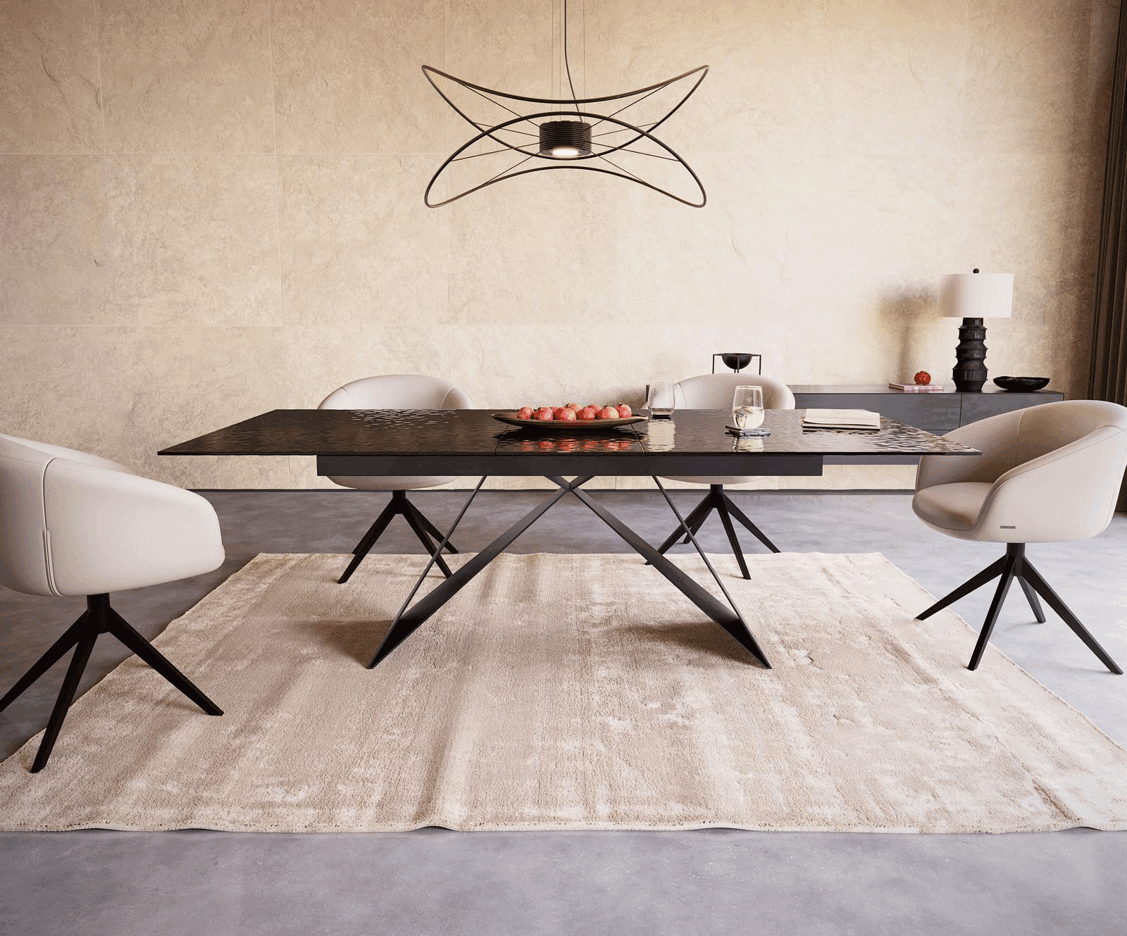 Маса 180-220x100 РелефноСтъкло ОпушеноЧерен 3D-Design V-Рамка плоска стомана Черен разтегателна Edge 1