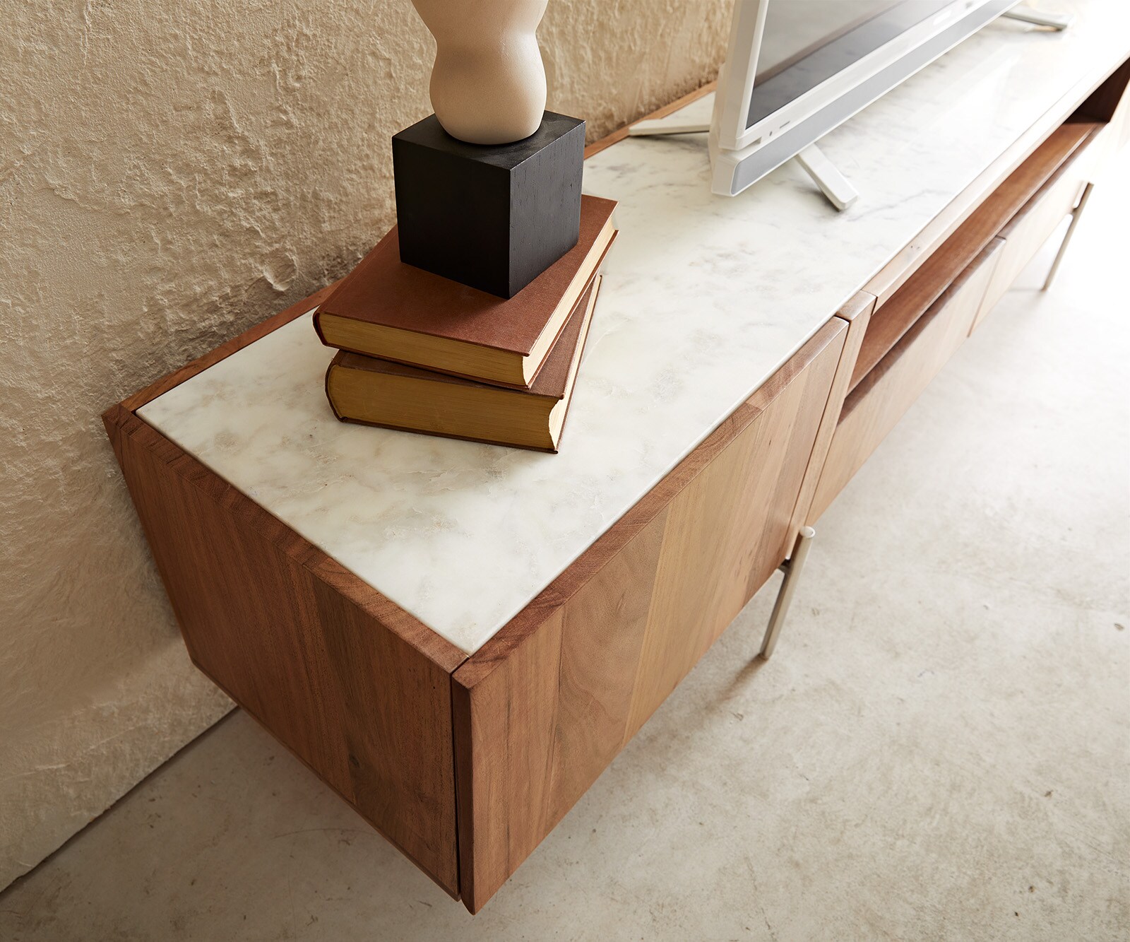 ТВ шкаф 220 cm Акация Натурал 2 Врати 2 Чекмеджета Мрамор крака Неръждаема стомана Secara 5