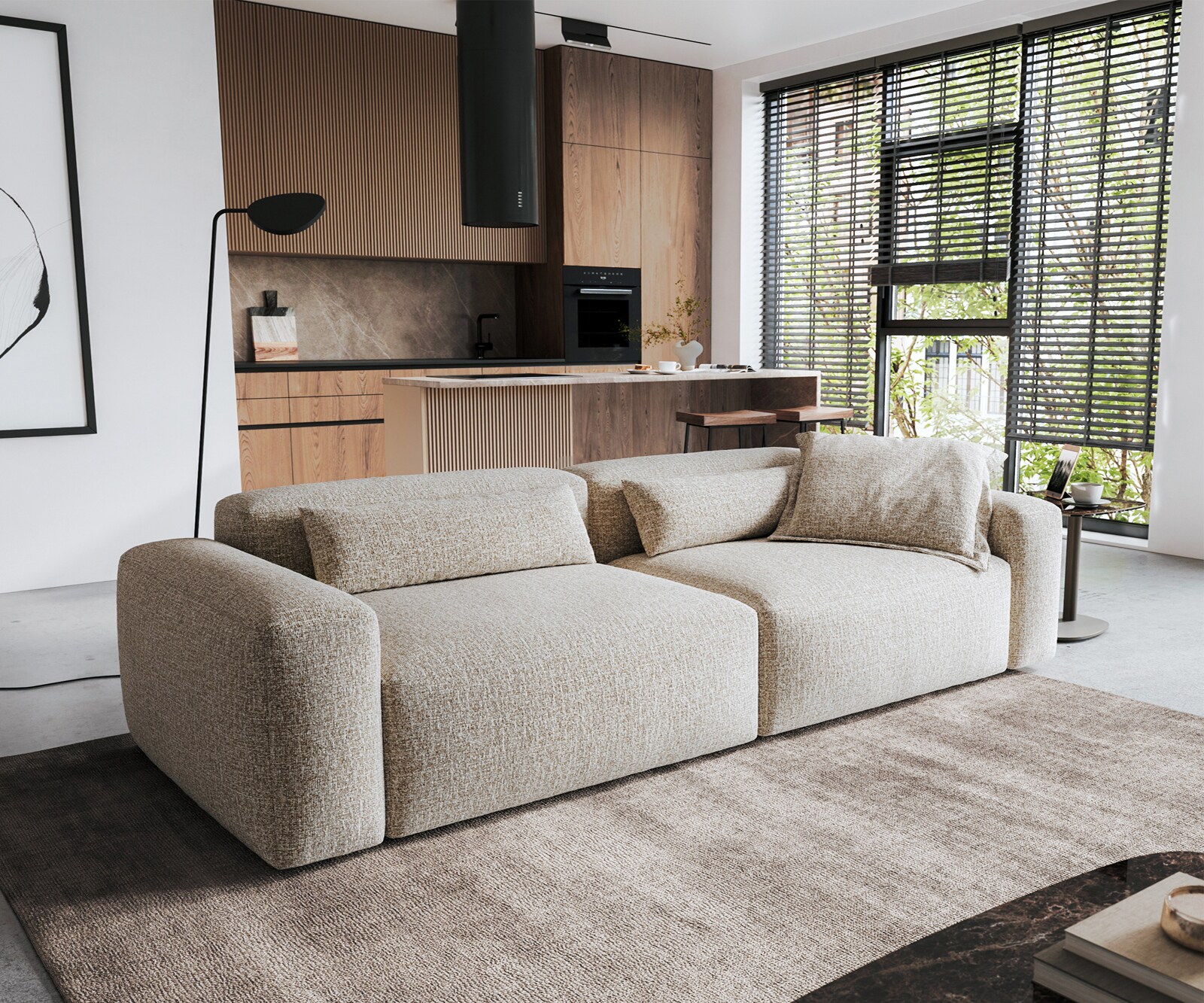 Голям диван Freestyle 280x110 cm тъкан мека бежова прошивка