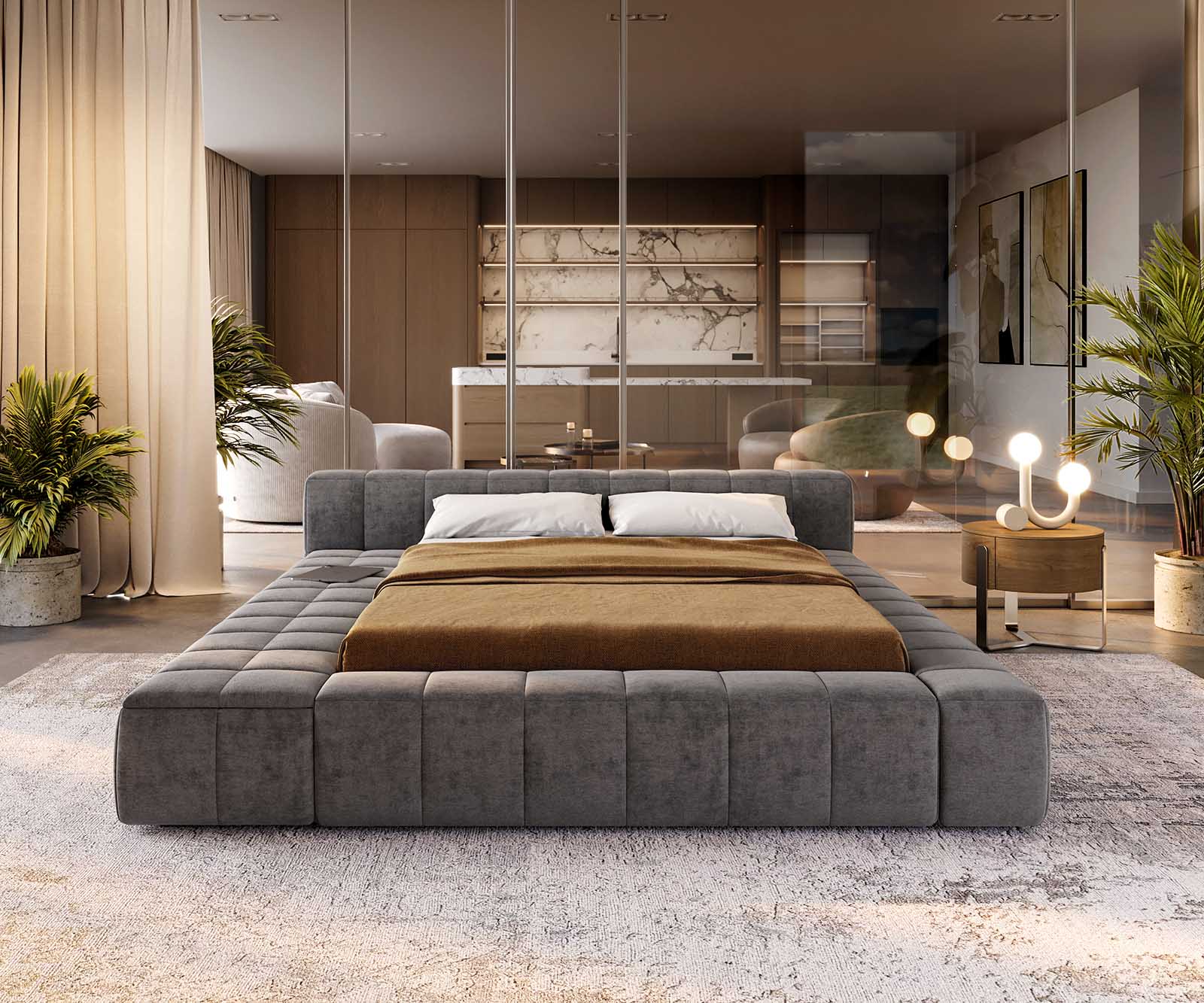 Тапицирано легло Espazio 140x200 cm от микрофибър в сиво с място за съхранение 1