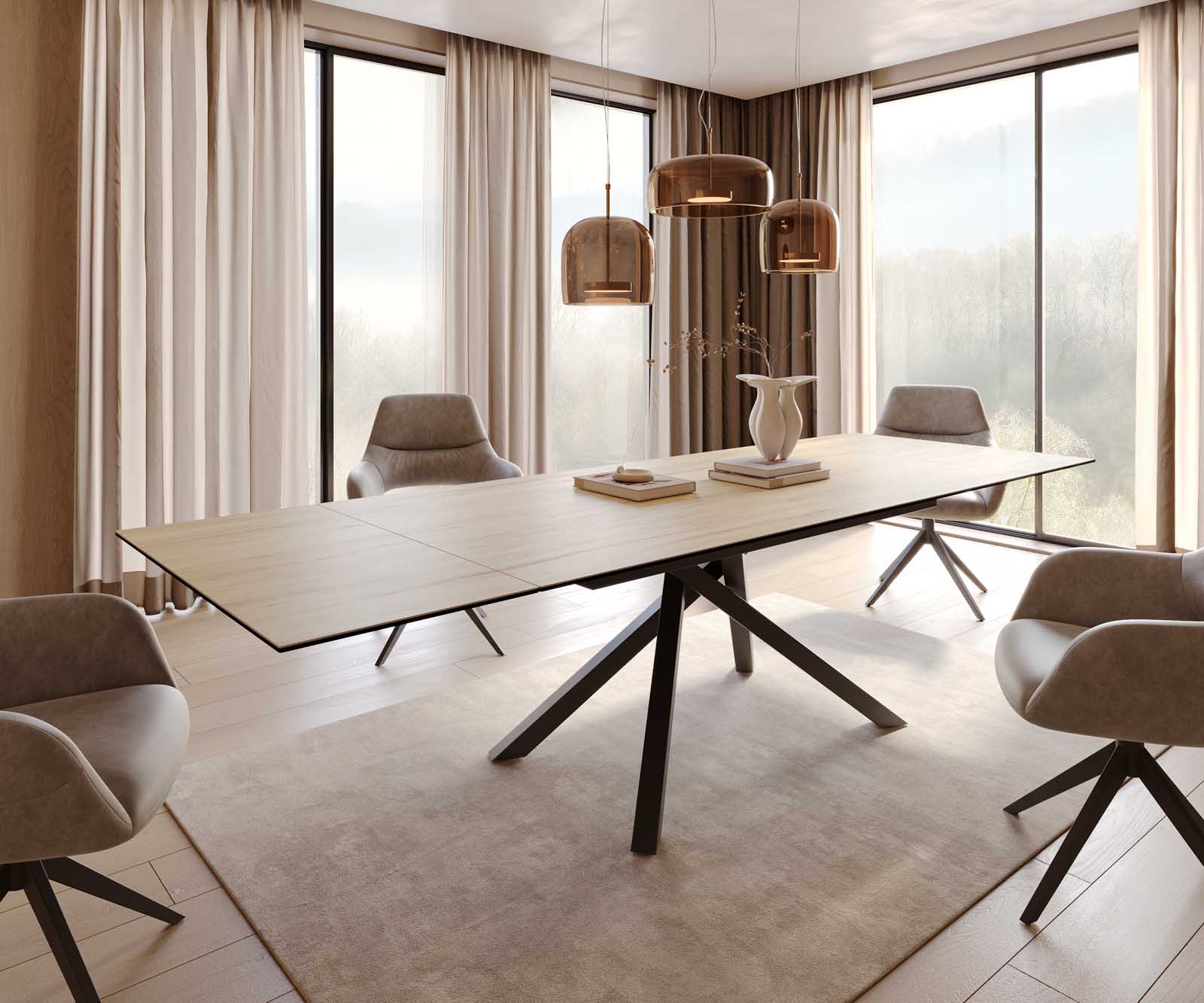 Разтегателна трапезна маса Edge 200-300х100 см Керамика Laminam® Sabbia цвят Дъб Кръсртовидна основа Черен 1