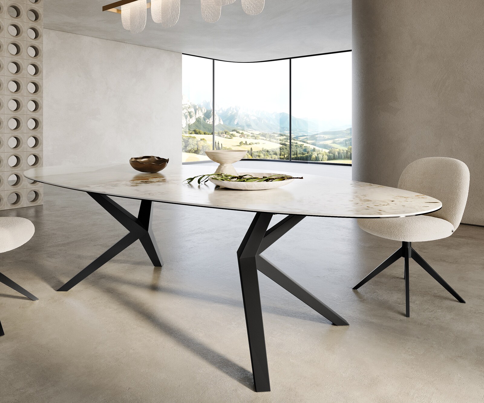 Трапезна маса Edge Oval 280x130, керамика Minas Melange, бяло-бежово, Zenthara, с остри ръбове, метал, черно 6