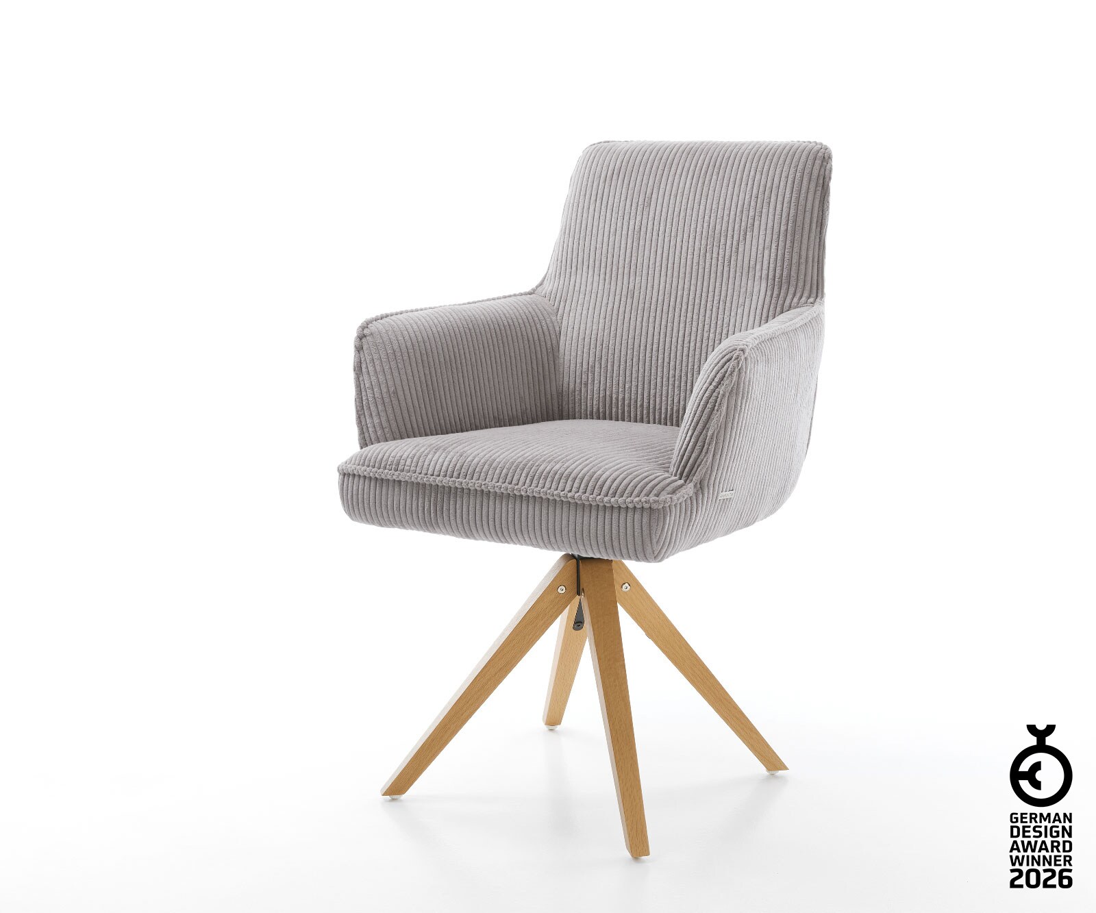 Врътящ се стол с подлакътници Корд СребристСив Дървена рамка  Натурал 180° въртящ се Покет пружина Heira-Flex