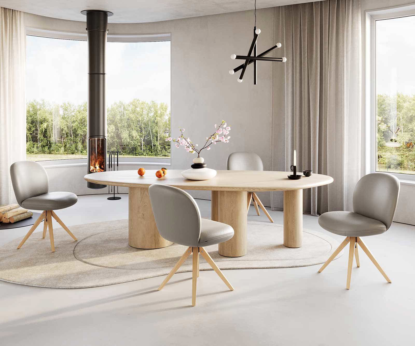 Врътящ се стол Естествена кожа Сиво-Кафяв Дървена рамка  Натурал 180° въртящ се Покет пружина Nube-Flex 5