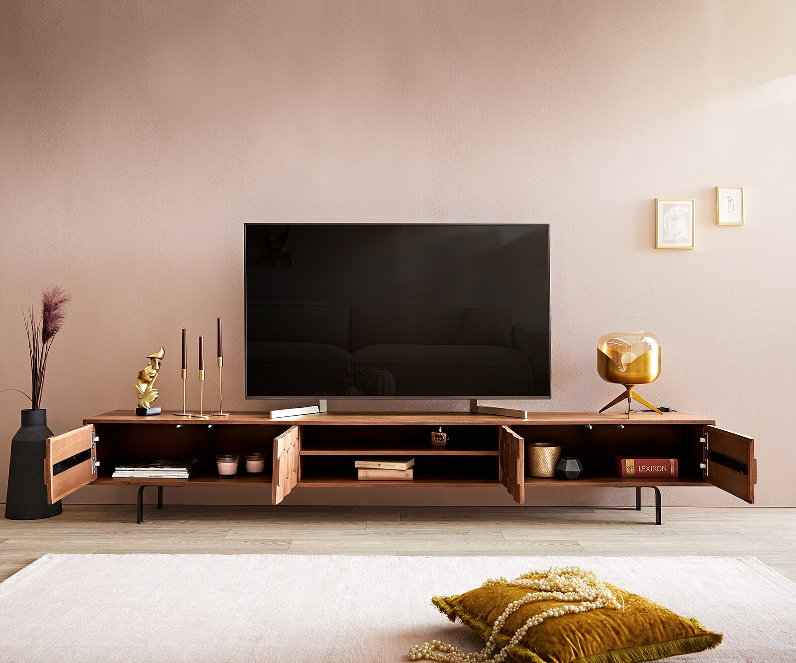 ТВ шкаф Fevo 240 cm, Масив Акация, 4 Врати, Г-Крак, Кафяв 3