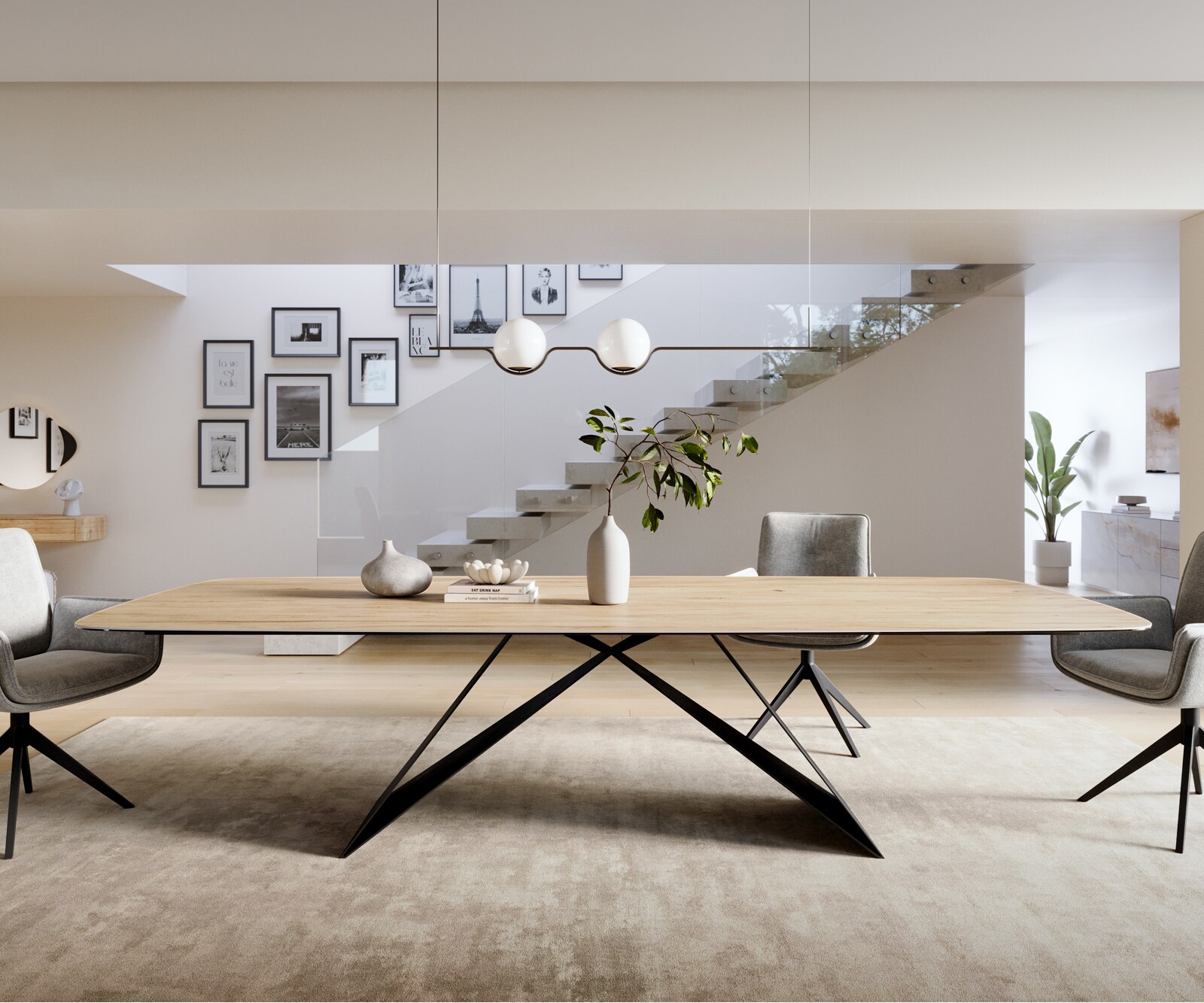 Трапезна маса Edge Boot 300x120 см, керамика Laminam „®“, цвят „Sabbia“ (дъбов), V-образна рамка от плоска стомана, черна 2