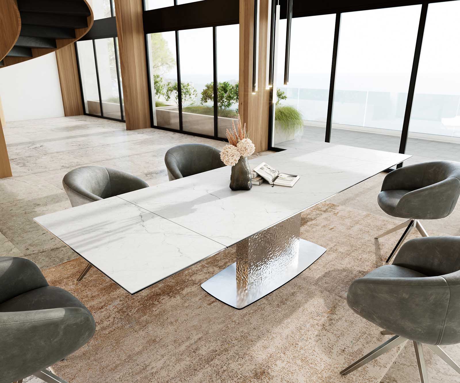 Разтегателна трапезна маса Edge 200-300х100 см Керамика Laminam®Statuarietto Бял Един крак основа Сребристосив