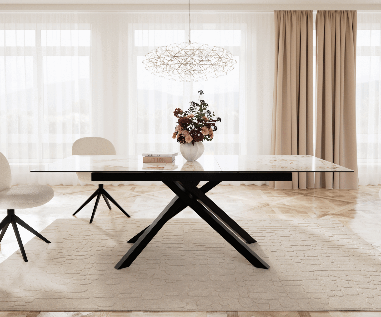 Разтегателна трапезна маса Edge 180-220х100 см Керамика Minas Melange Бял-Бежов Кръсртовидна основа Черна 1