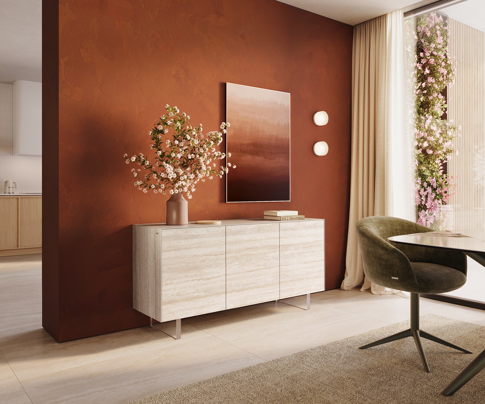 Шкаф Cuor 150 cm Керамичен ламинат® Travertino Bianco Крем-бяло 3 врати Крака Плаващ вид акрилно стъкло