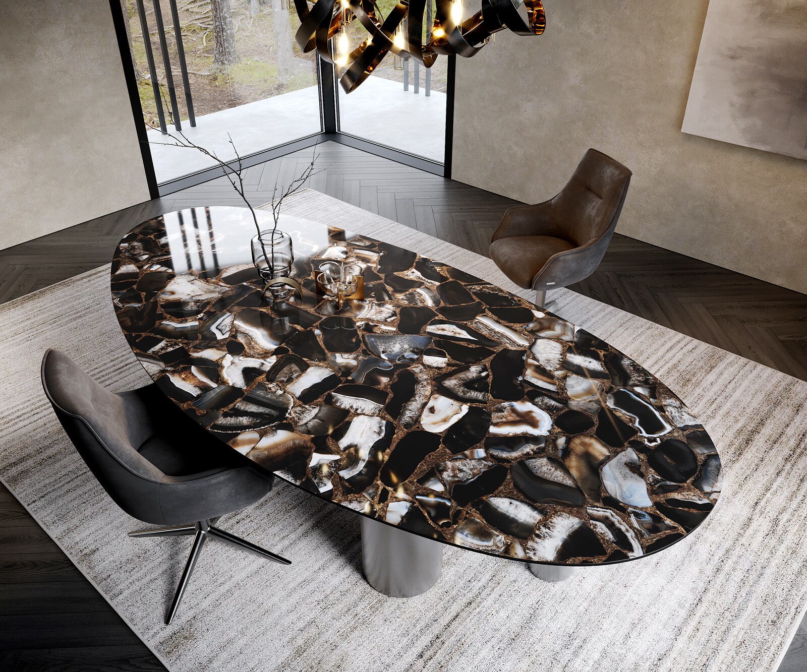 Edge Овална маса за хранене 280x130 керамика Iris FMG Agatablack Pilier неръждаема стомана графит 1