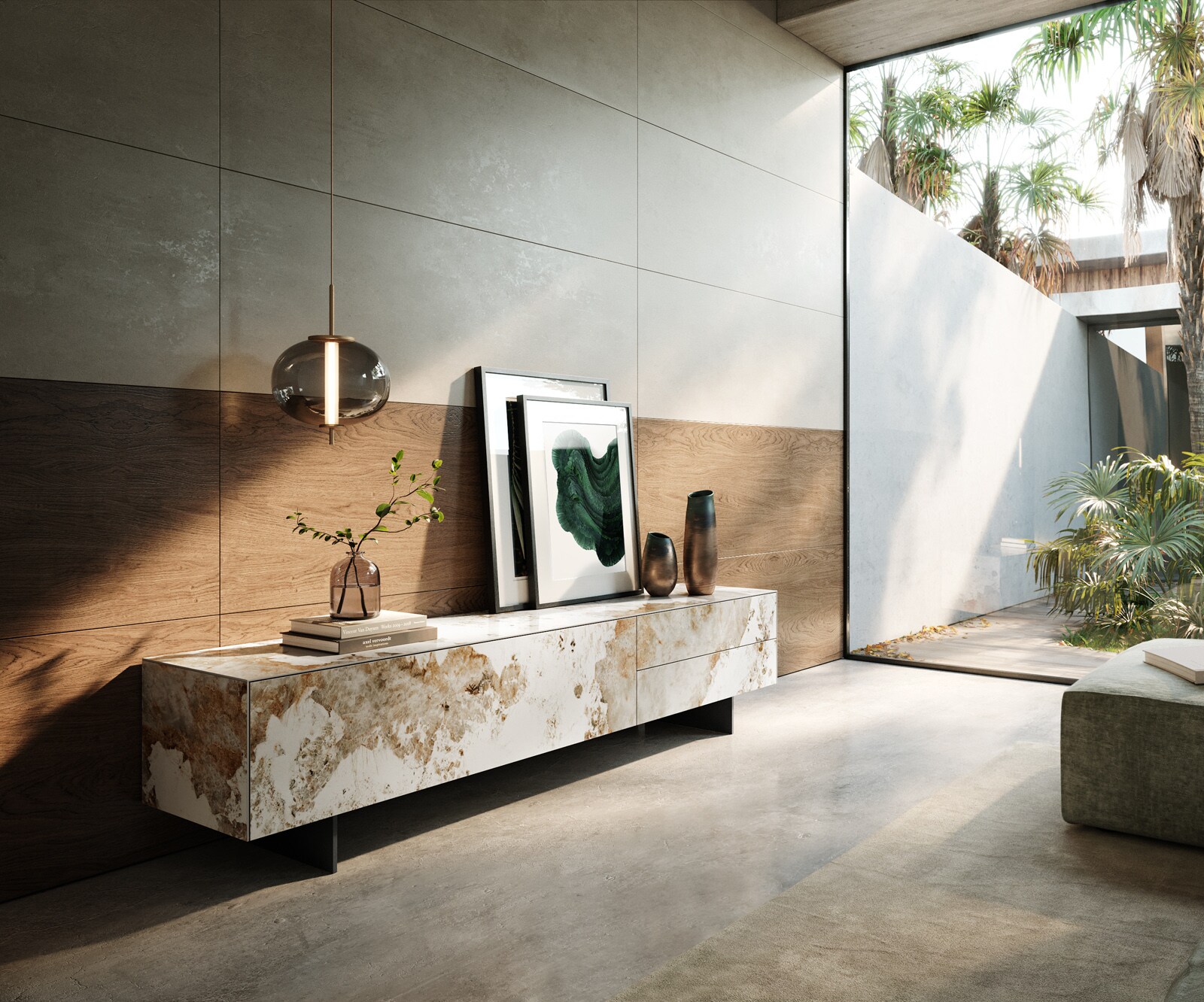 Ниска дъска Cuor 220 см Керамика Minas Melange Бяло-бежово 1 клапа 2 чекмеджета Основа Плаващ вид Метал Черно 1