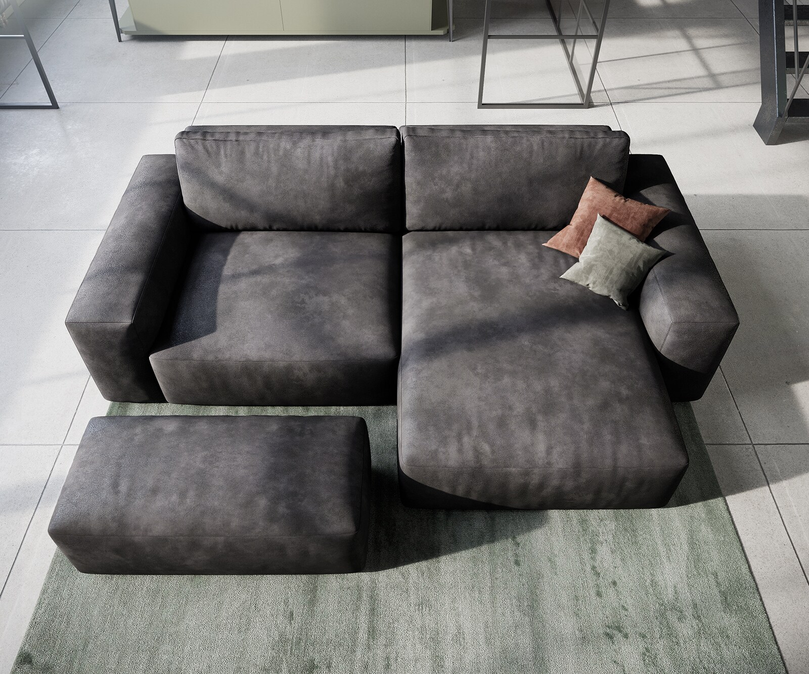 Ъглов диван Lanzo L 230x155 см, Имитация на кожа, Винтидж Антрацит, Лява/Дясна Лежанка, с табуретка 3