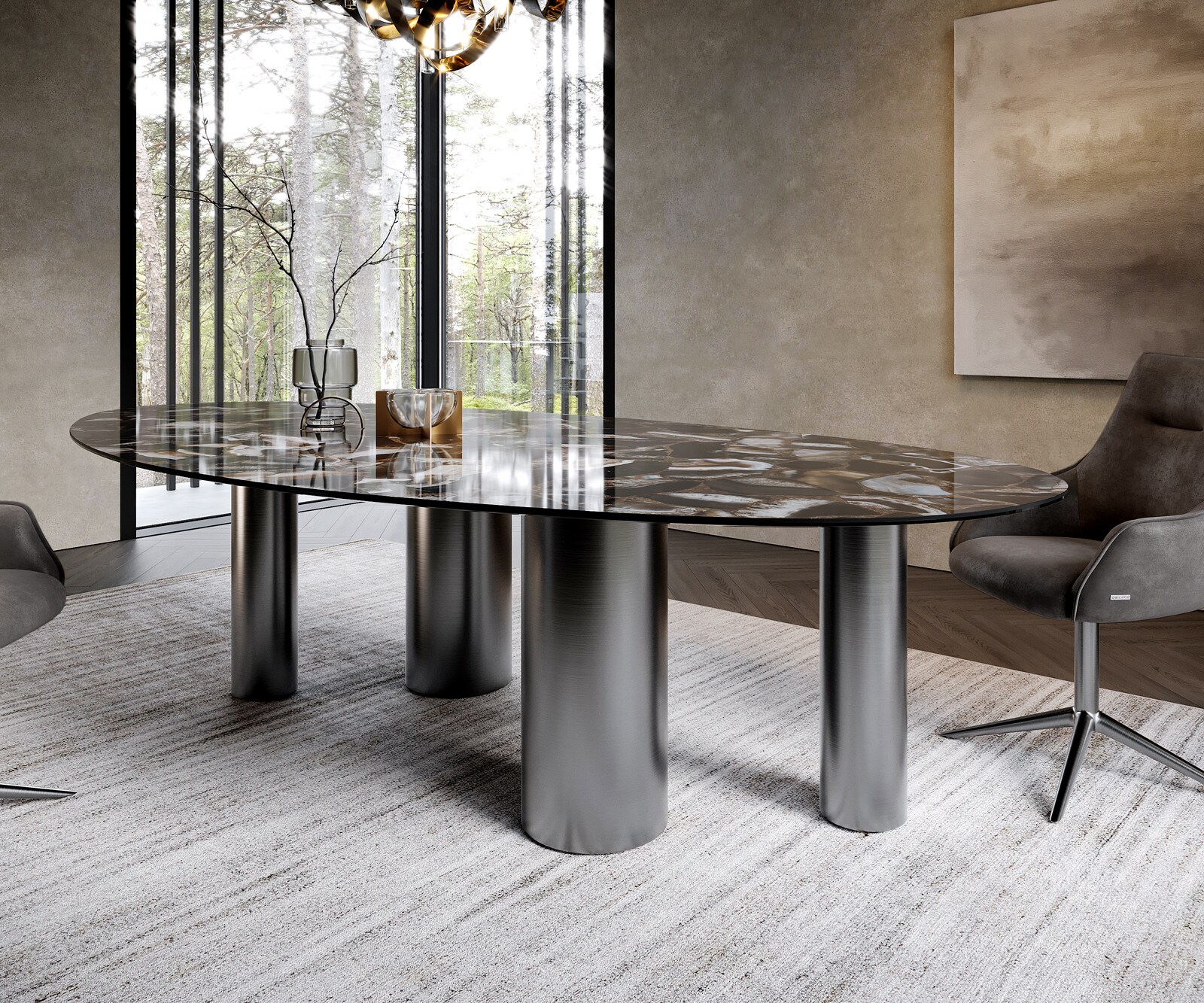 Edge Овална маса за хранене 280x130 керамика Iris FMG Agatablack Pilier неръждаема стомана графит 6