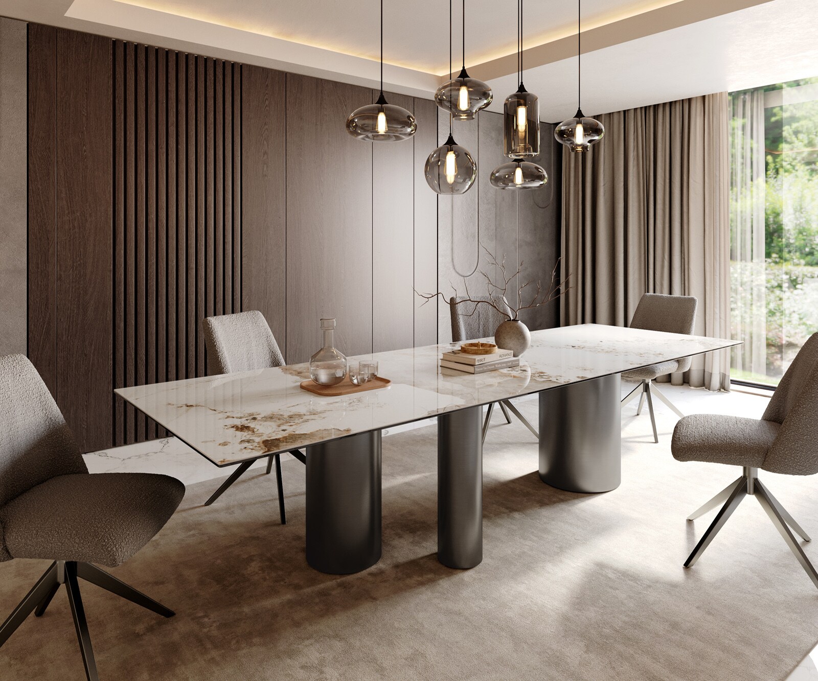 Трапезна маса Edge 300x100 керамика Minas Melange бяло-бежово Troa неръждаема стомана графит