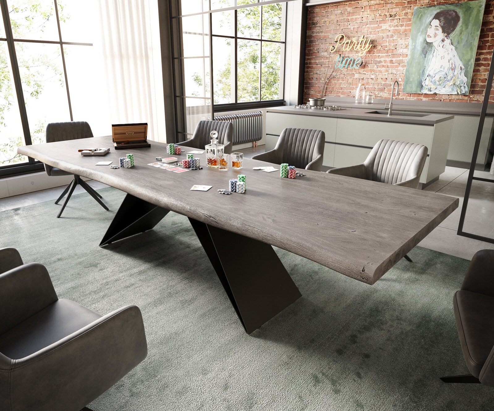 Маса 300x100 XL Акация Платинен цвят V-Рамка плоска стомана Черен Edge